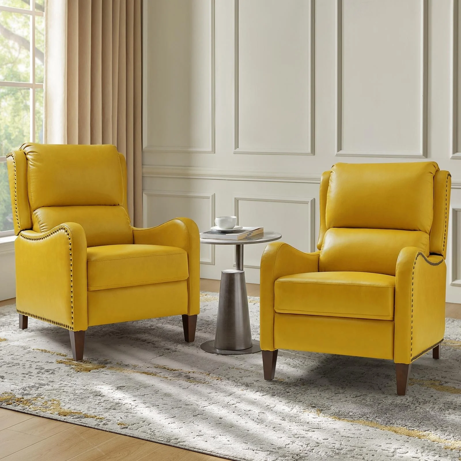 Brigida Modern Genuine Leather Nailhead Trim Recliner with Adjustable Footrest Set of 2 by HULALA HOME