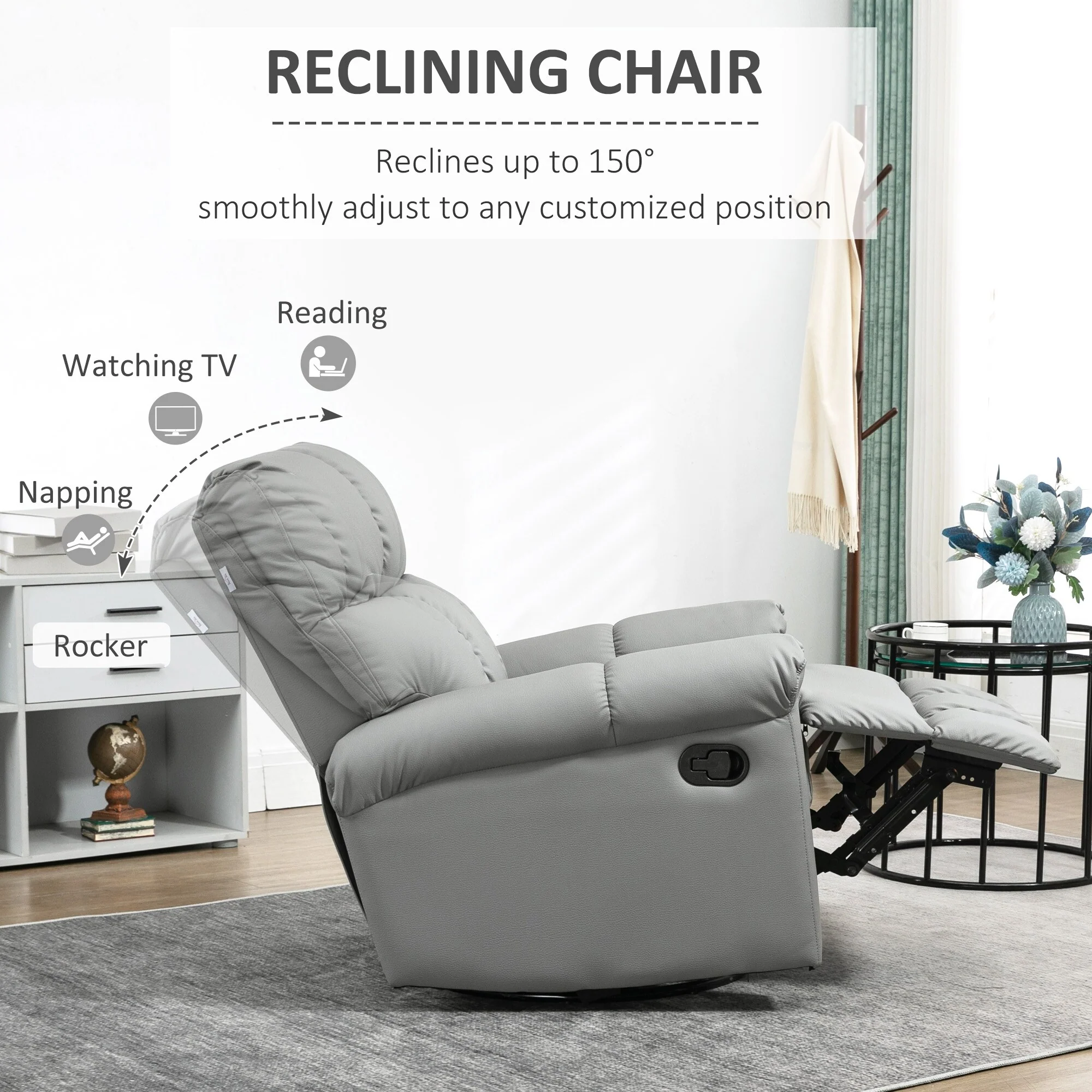 Manual Reclining Rocker Chair with Overstuffed Cushion, Faux Leather Upholstery, 360�� Swivel, and Extendable Footrest