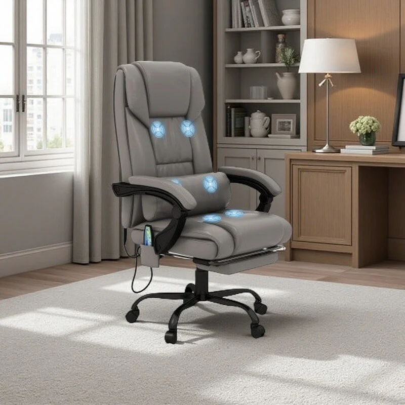 Executive Leather Desk Chair with 6-Point Massage, Adjustable Height, Reclining Back, Footrest & Remote Control