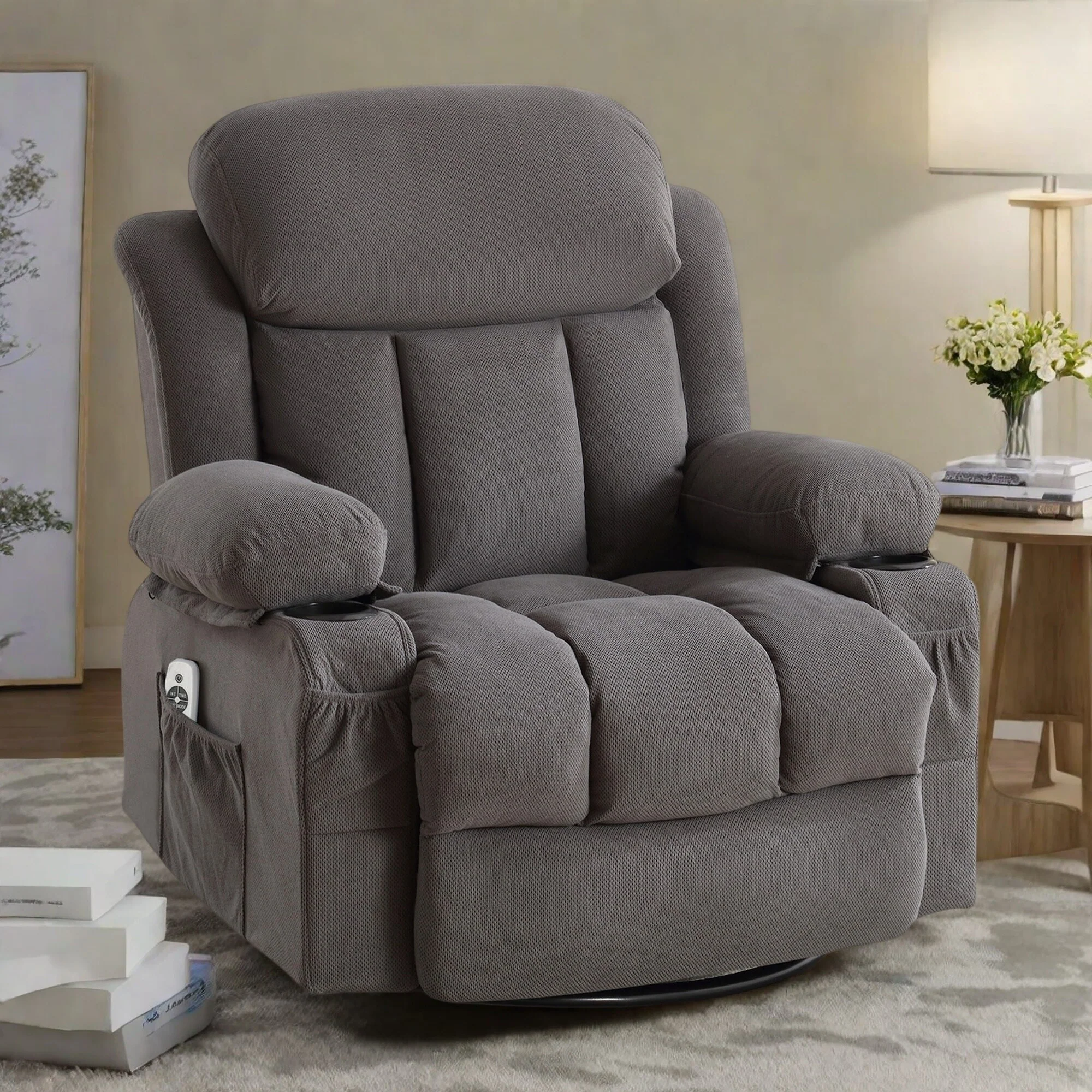 Swivel Massage Recliner Chair with Heat, Velvet Fabric Lounge Chair with 8-Point Massage, Manual Control, USB Charging