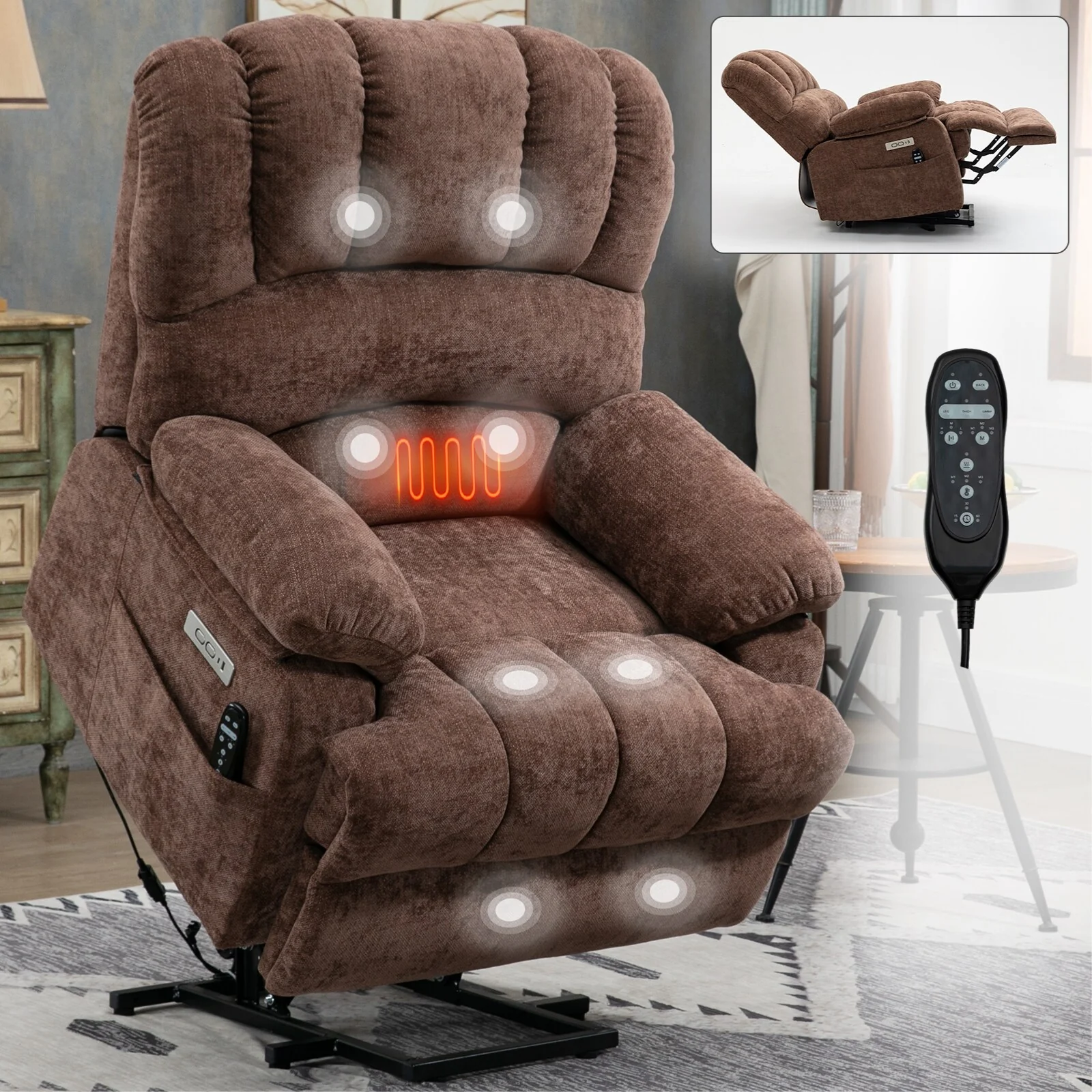 Chenille Power Lift Recliner Chair with 8-Point Vibration Massage