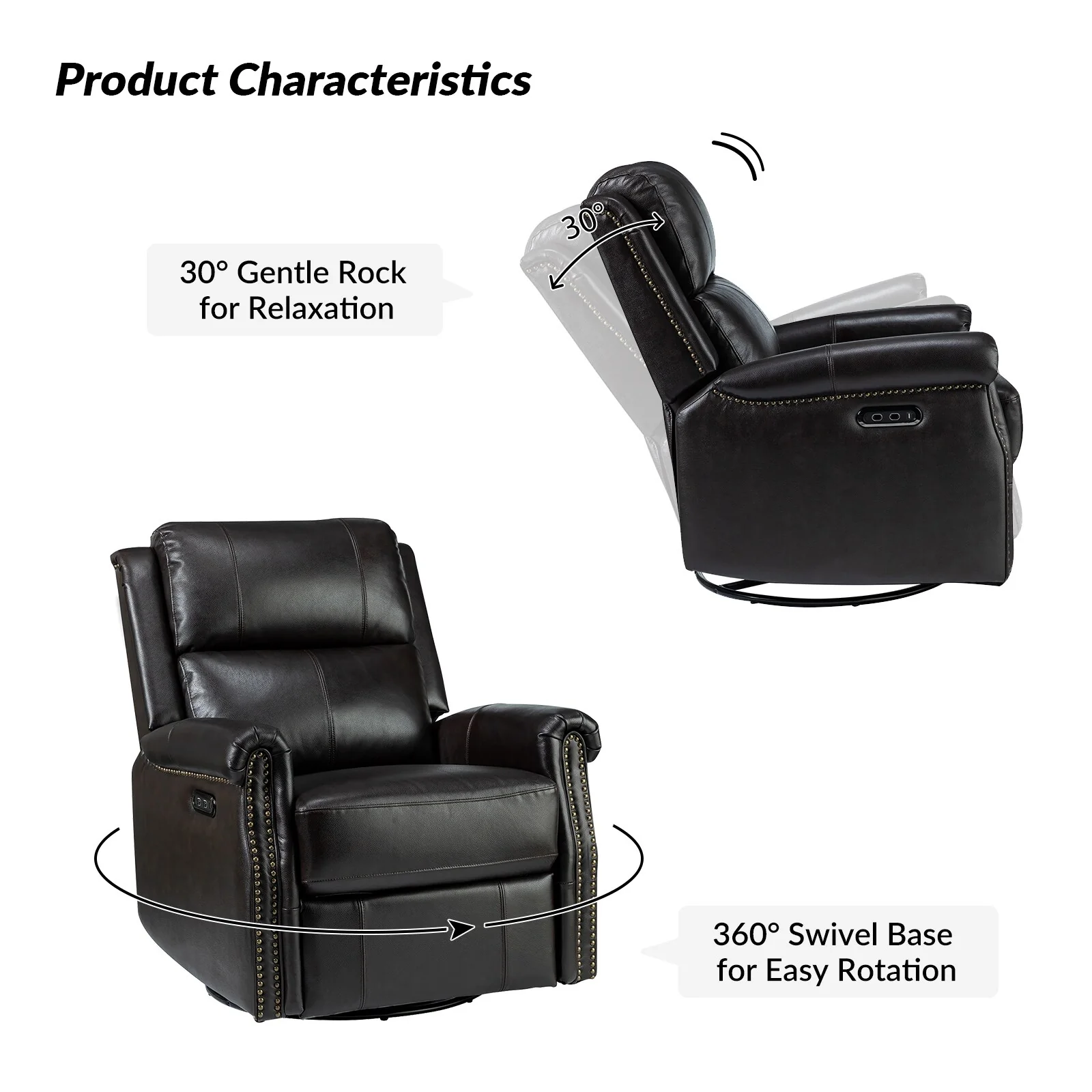 Renato Traditional Genuine Leather Nailhead Power Swivel Recliner Chair with Metal Base Set of 2 by HULALA HOME