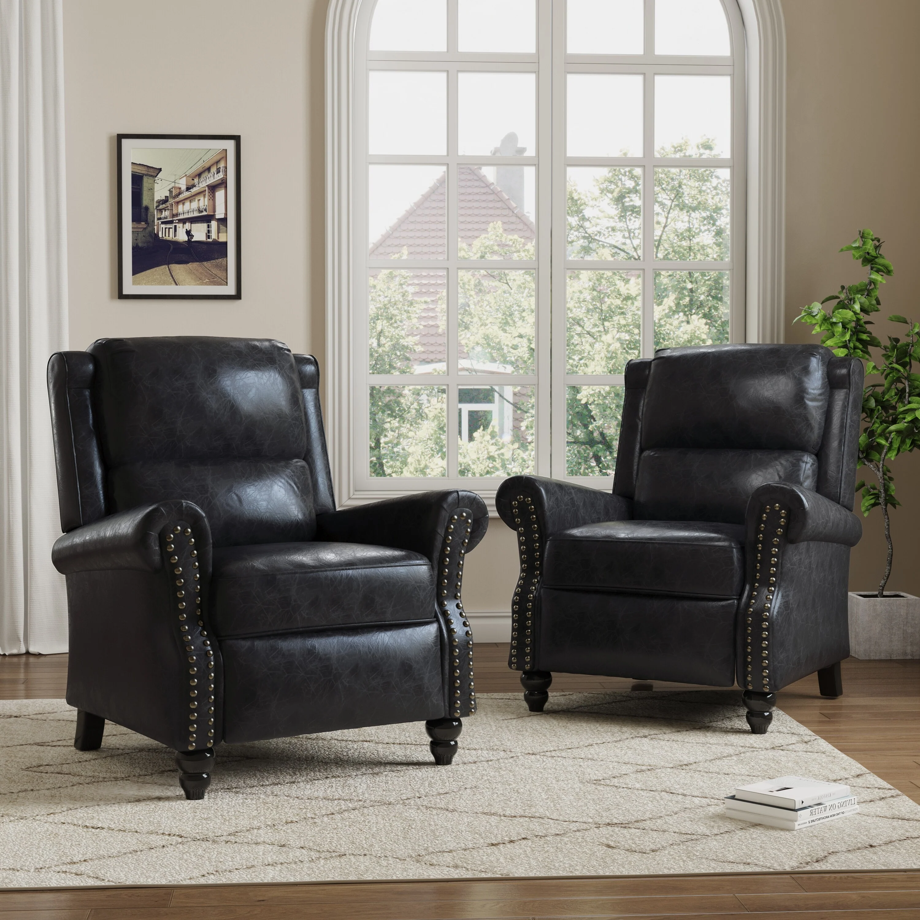 2 Set Manual Pushback Recliner Chair with Nailhead Trim