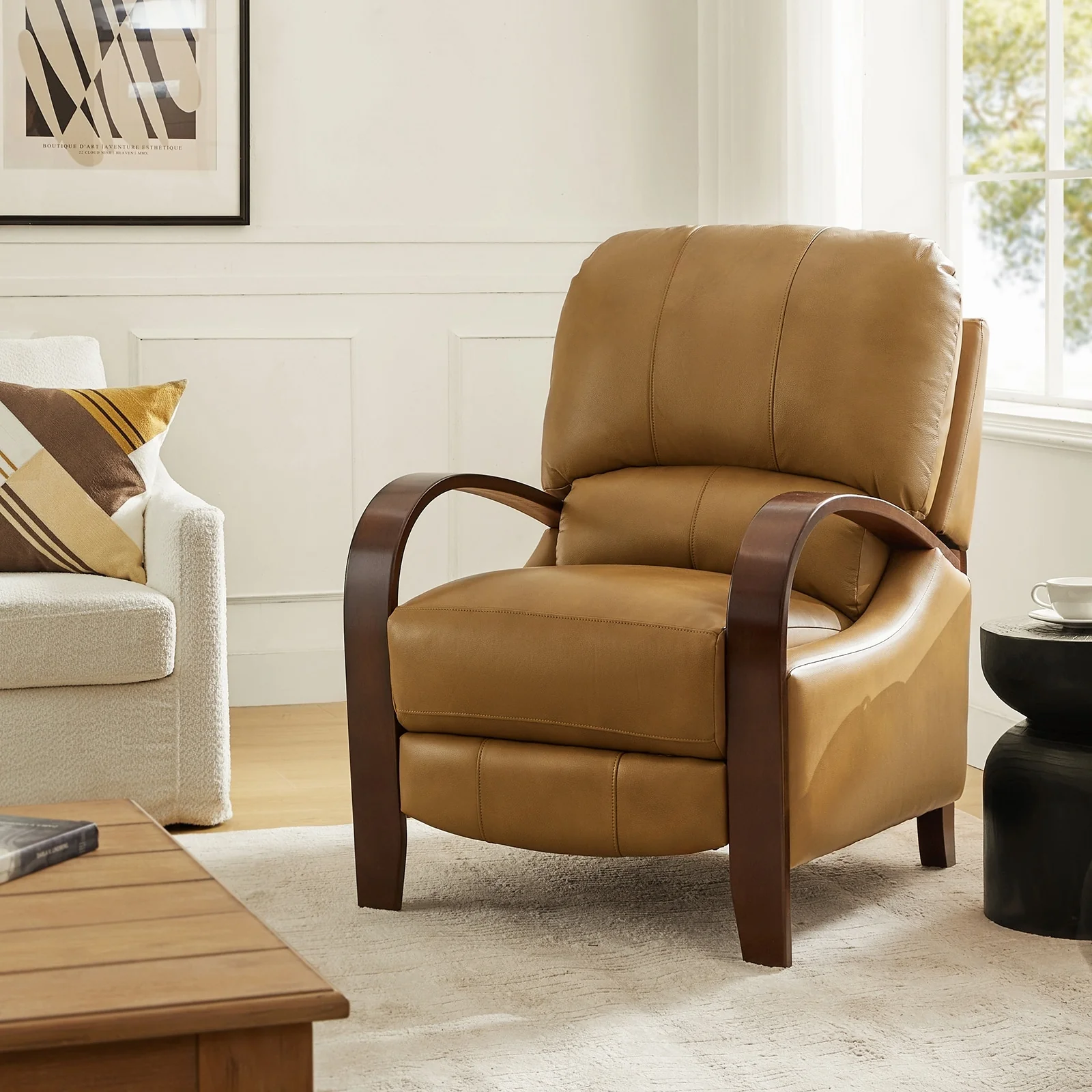 Alex Mid-century Modern Cigar Genuine Leather Manual Recliner with Wooden Curved Arms