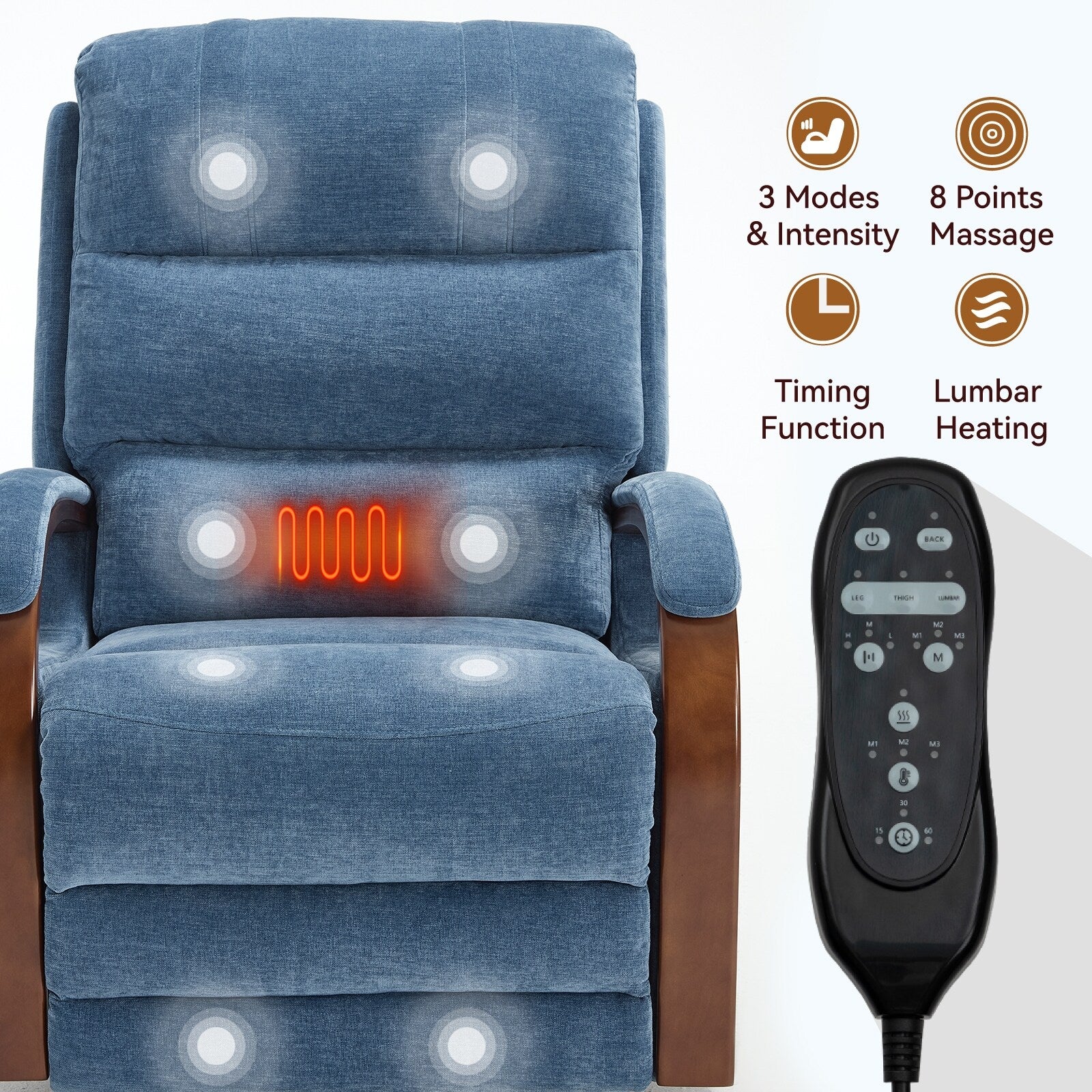 Chenille Power Lift Recliner with Massage & Wood Armrests