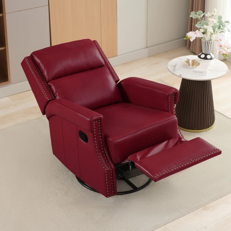 Genuine Leather Manual Rocking Recliner with 360-degree Metal Swivel Base