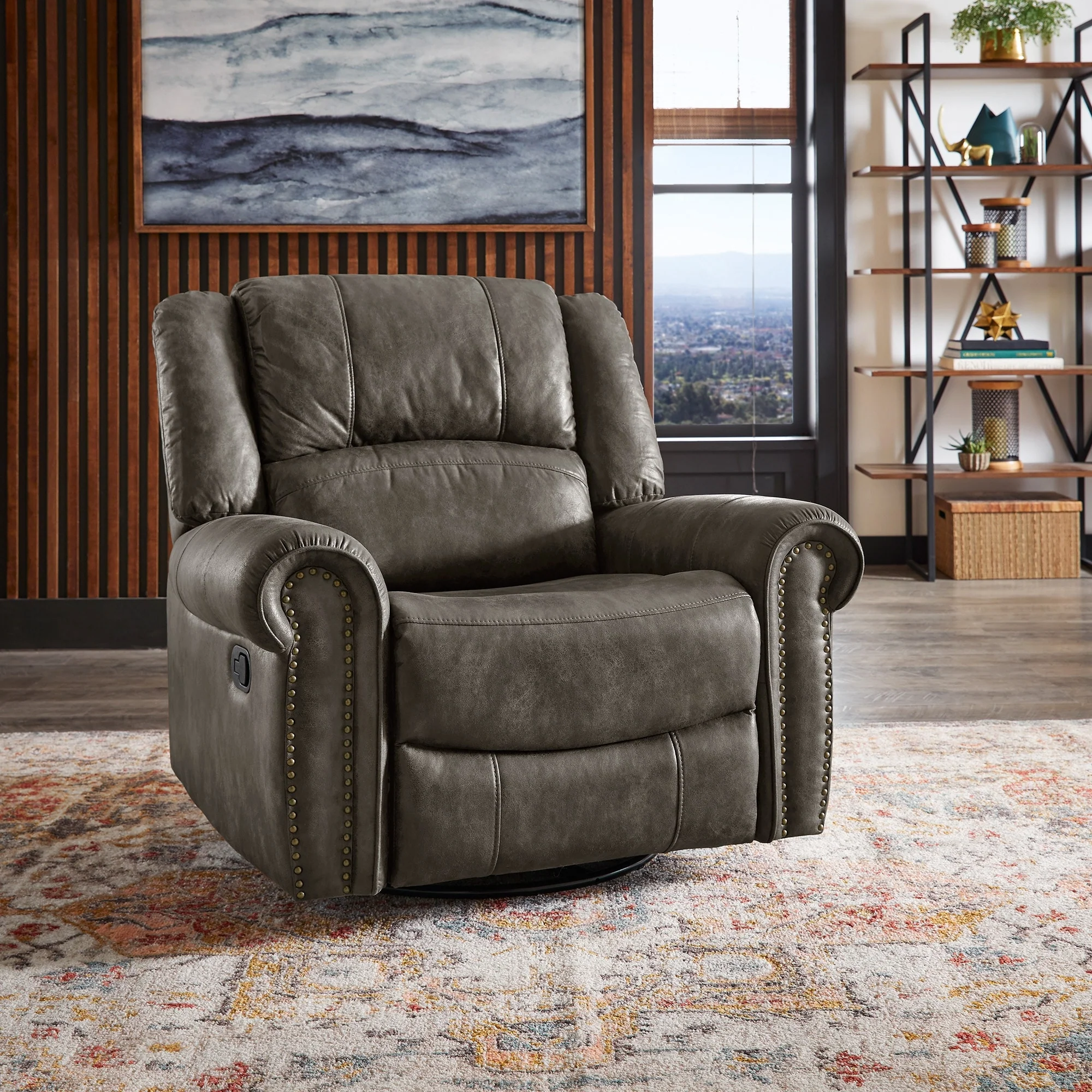 Monroe Polished Microfiber Nailhead Swivel Glider Recliner by iNSPIRE Q Classic