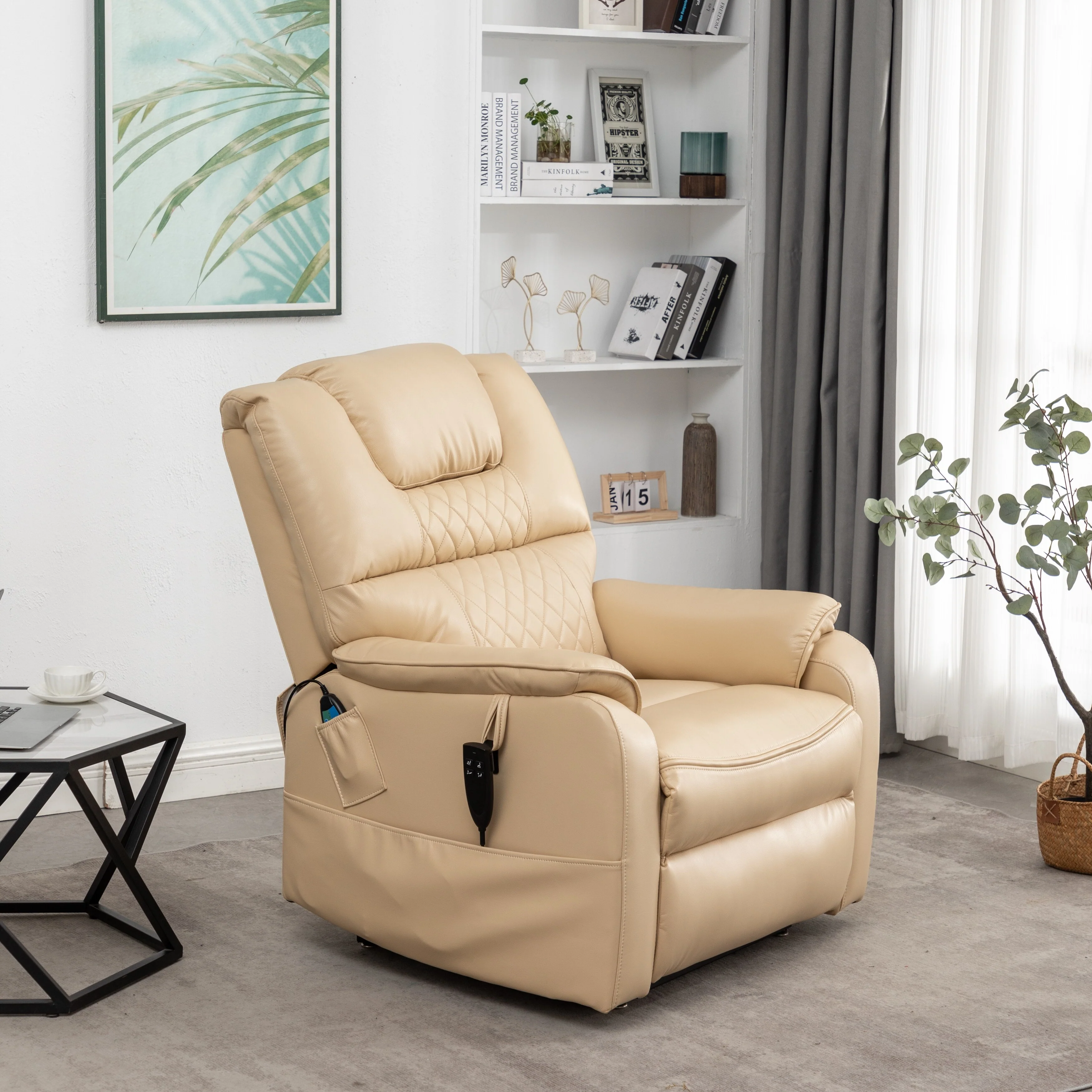 Beige PU Leather Power Lift Recliner, Massage, Flat Lay