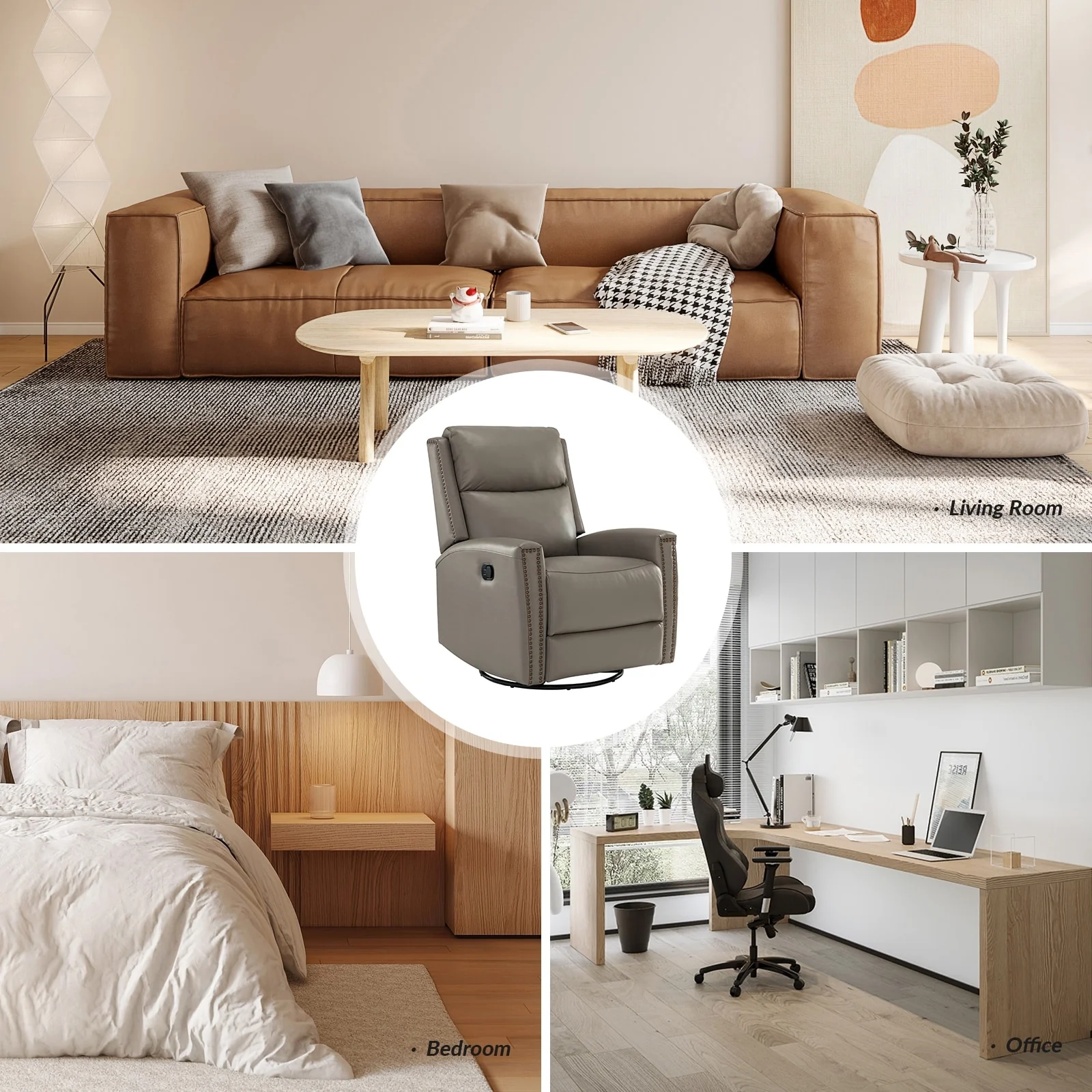 Fiacro 30.31Wide Modern Genuine Leather Wingback Swivel Rocker Recliner with Nailhead Trims