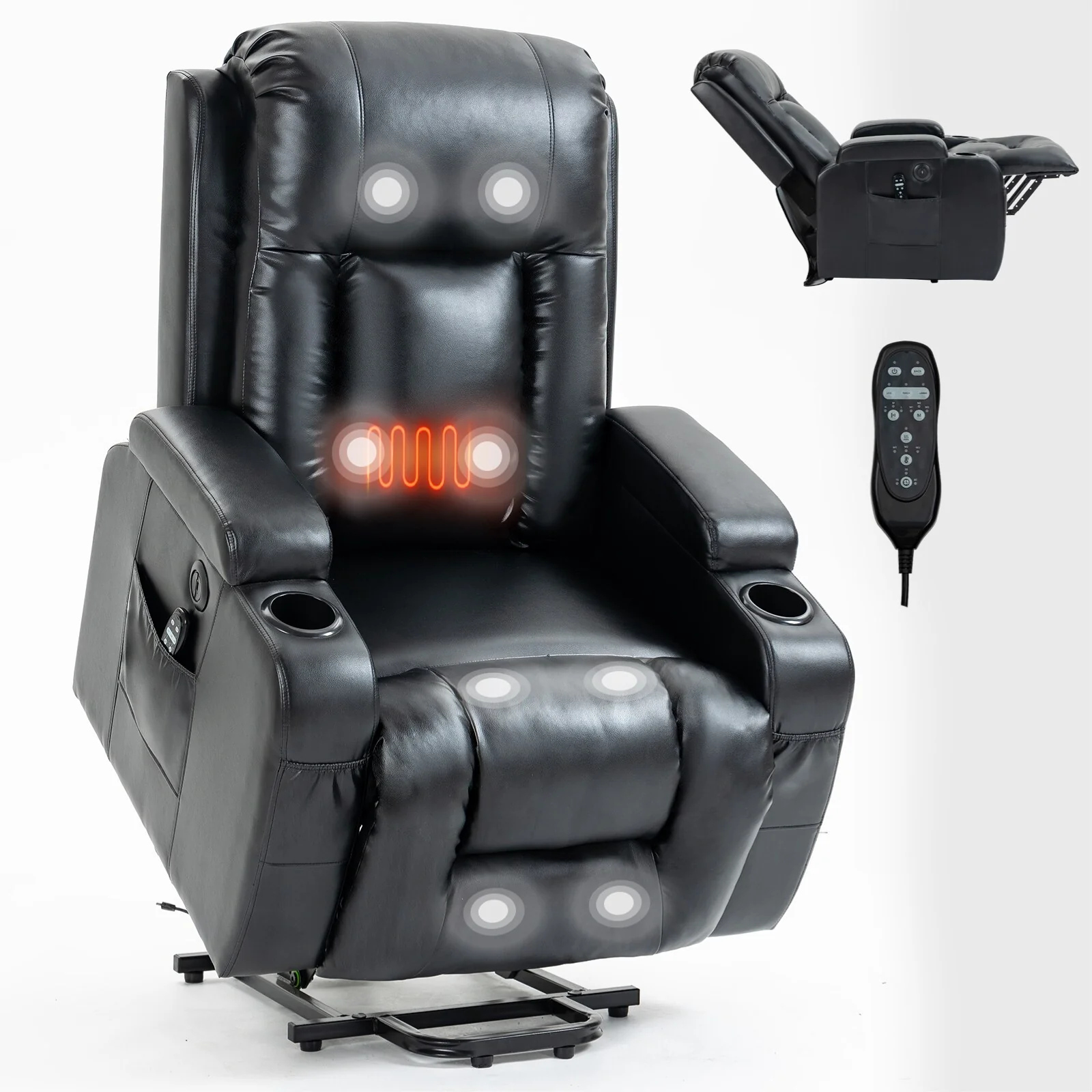 Black Power Lift Recliner with Vibration Massage, Lumbar Heat, USB Port, and Cup Holders for Senior Comfort