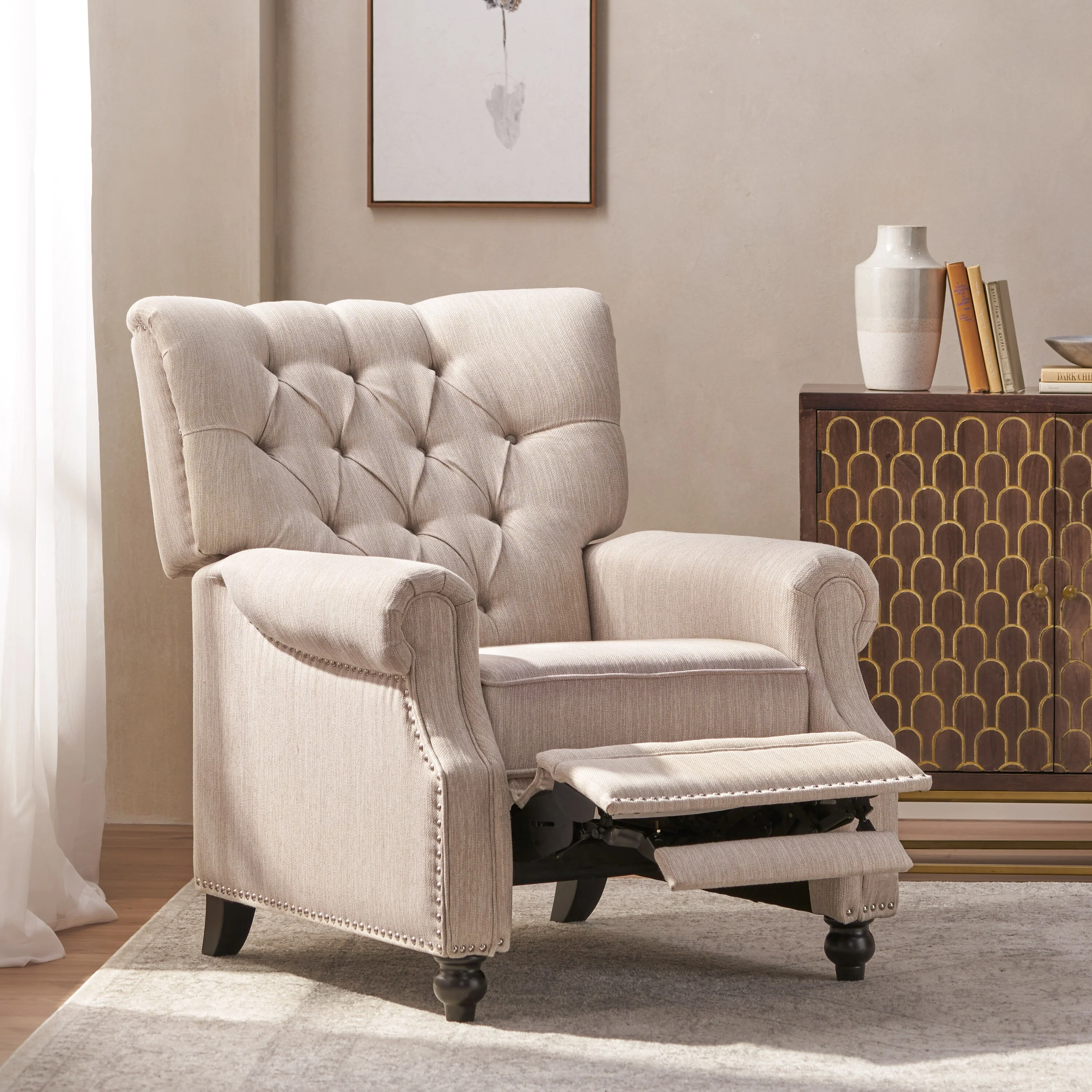 Roomfitters Recliner Chair with Button Tufting and Nailhead Trim, Push-Back Lounge Accent Chair