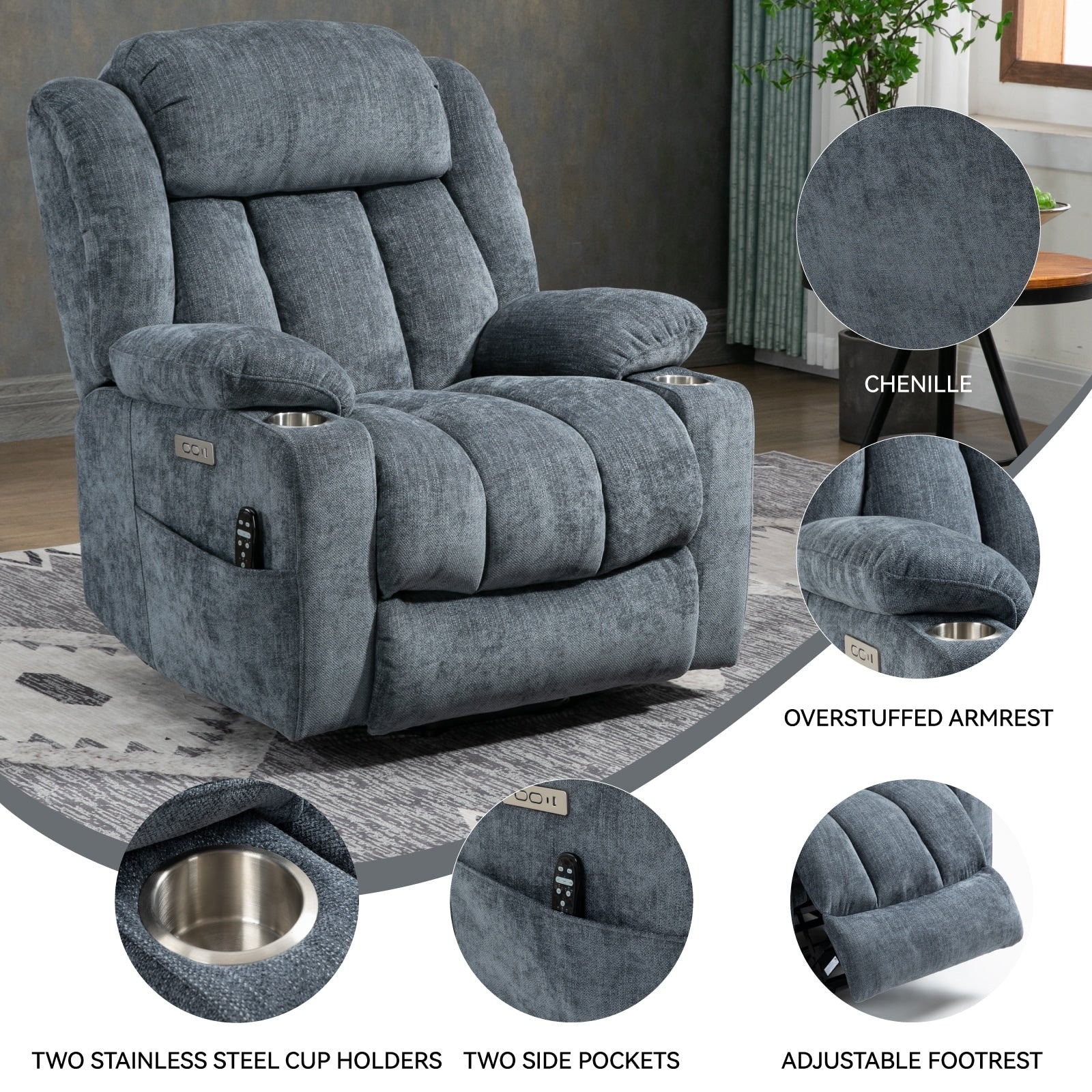 Electric Lift Recliner with Targeted Massage, Lumbar Heating, Dual USB Charging, and Stainless Steel Cup Holders