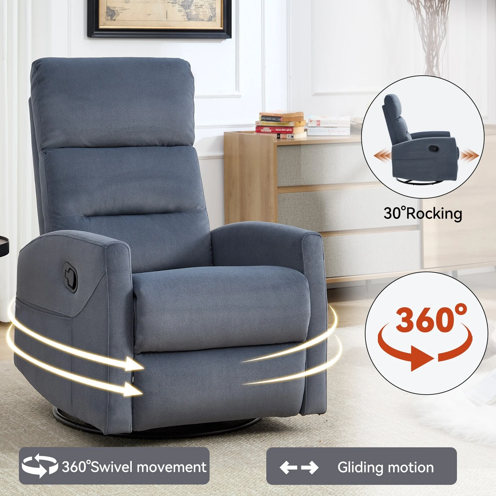 360�� Swivel Rocker Fabric Single Manual Recliner Sofa with Cushion Back and Square Arms, Nursery Chairs