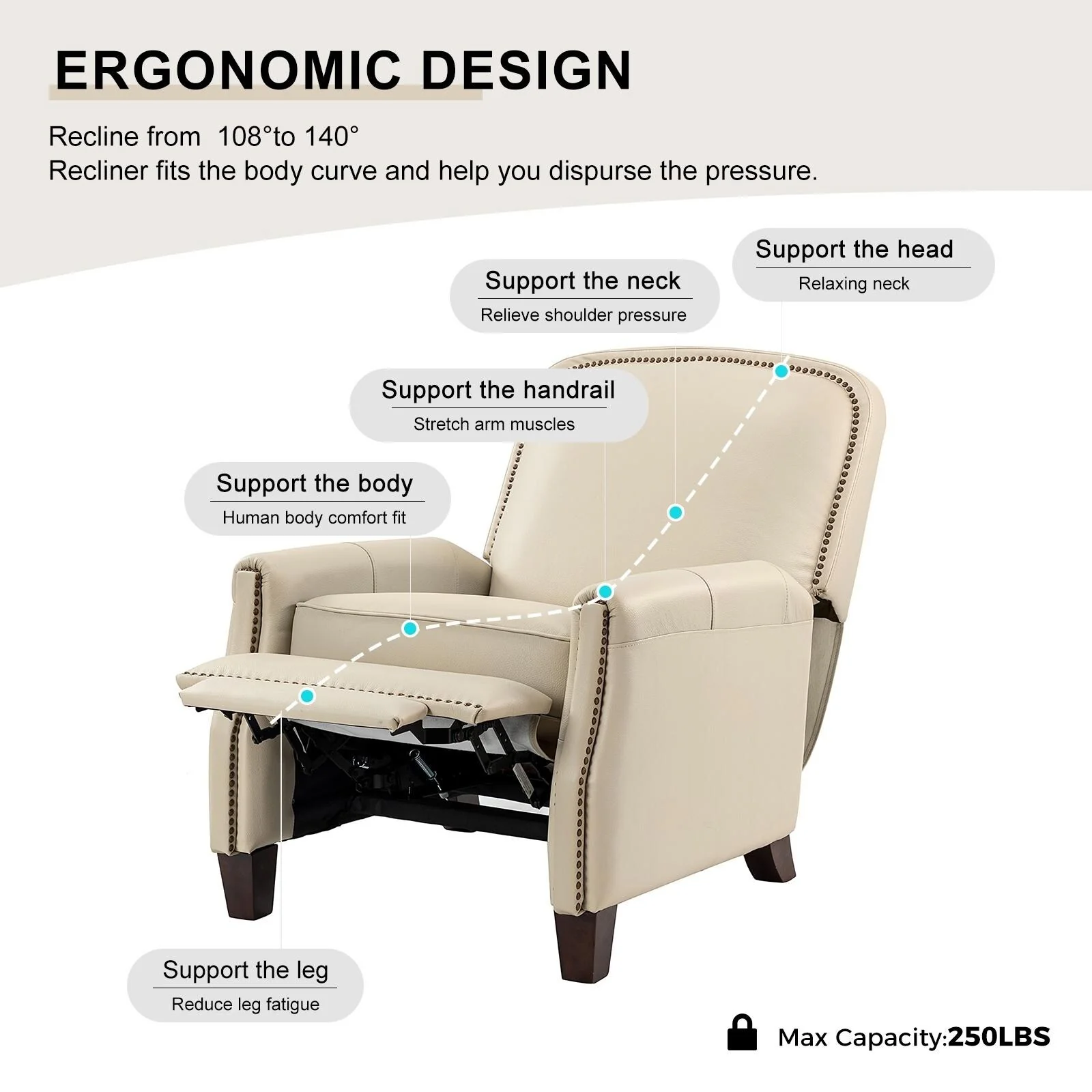 Gladis Modern Retro Genuine Leather Recliner with Nailhead Trim by HULALA HOME