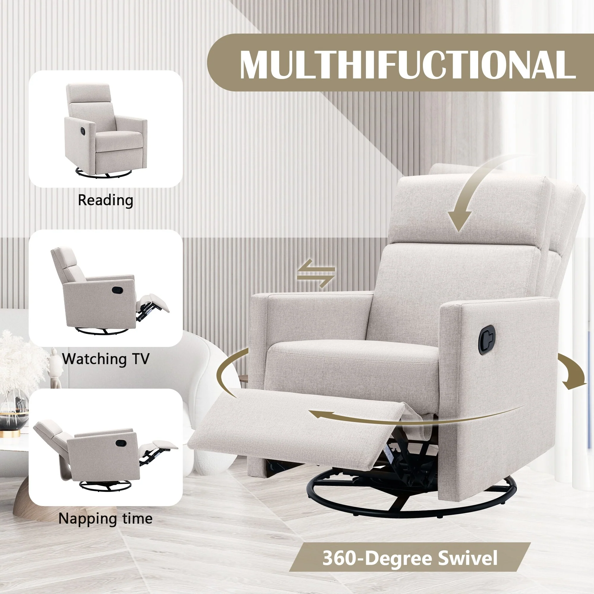 Roomfitters Modern Upholstered Rocker Nursery Chair, Plush Seating Glider Swivel Recliner Chair