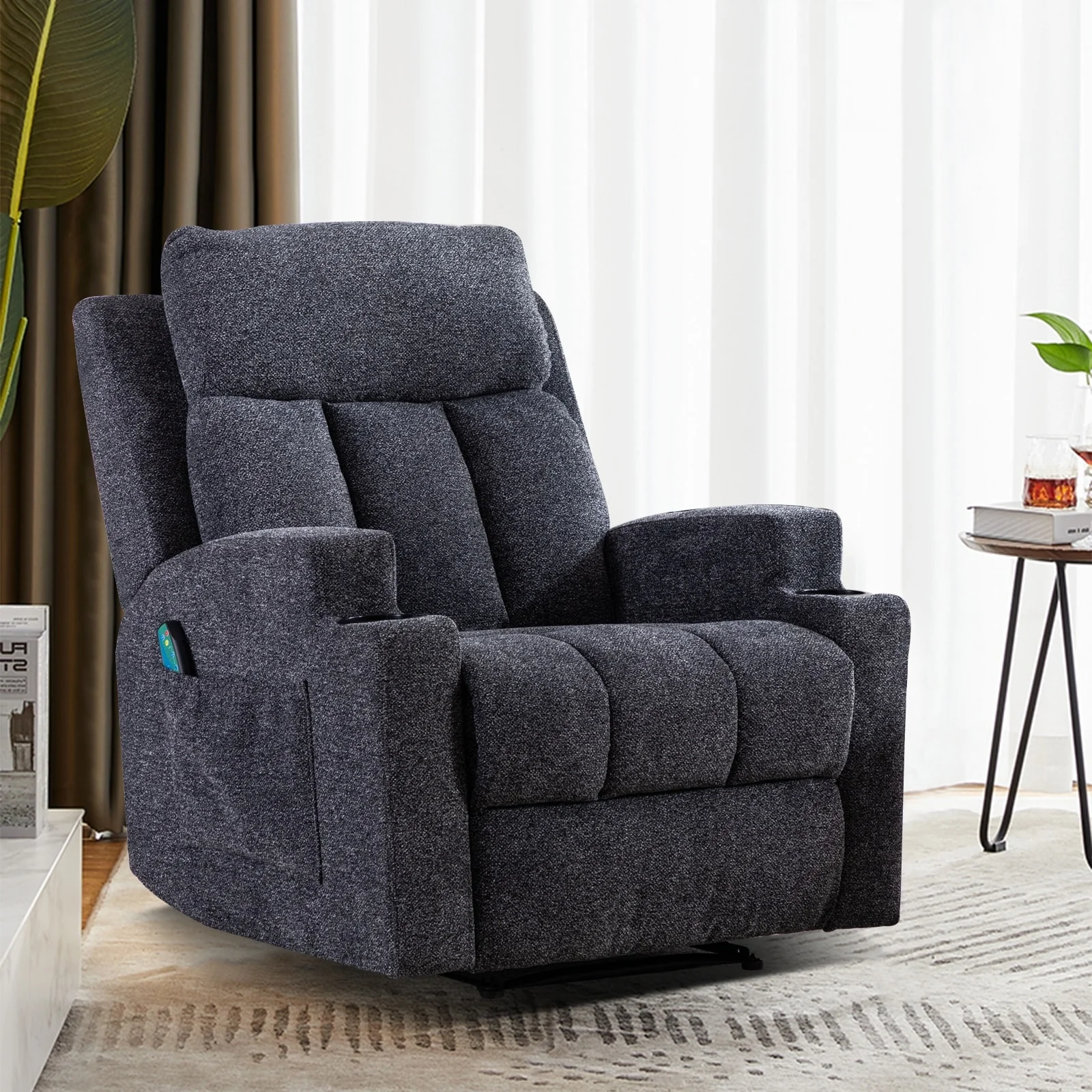 Manual Recliner Massage and Heating Chair Sofa with 2 Cup Holders Breathable Fabric