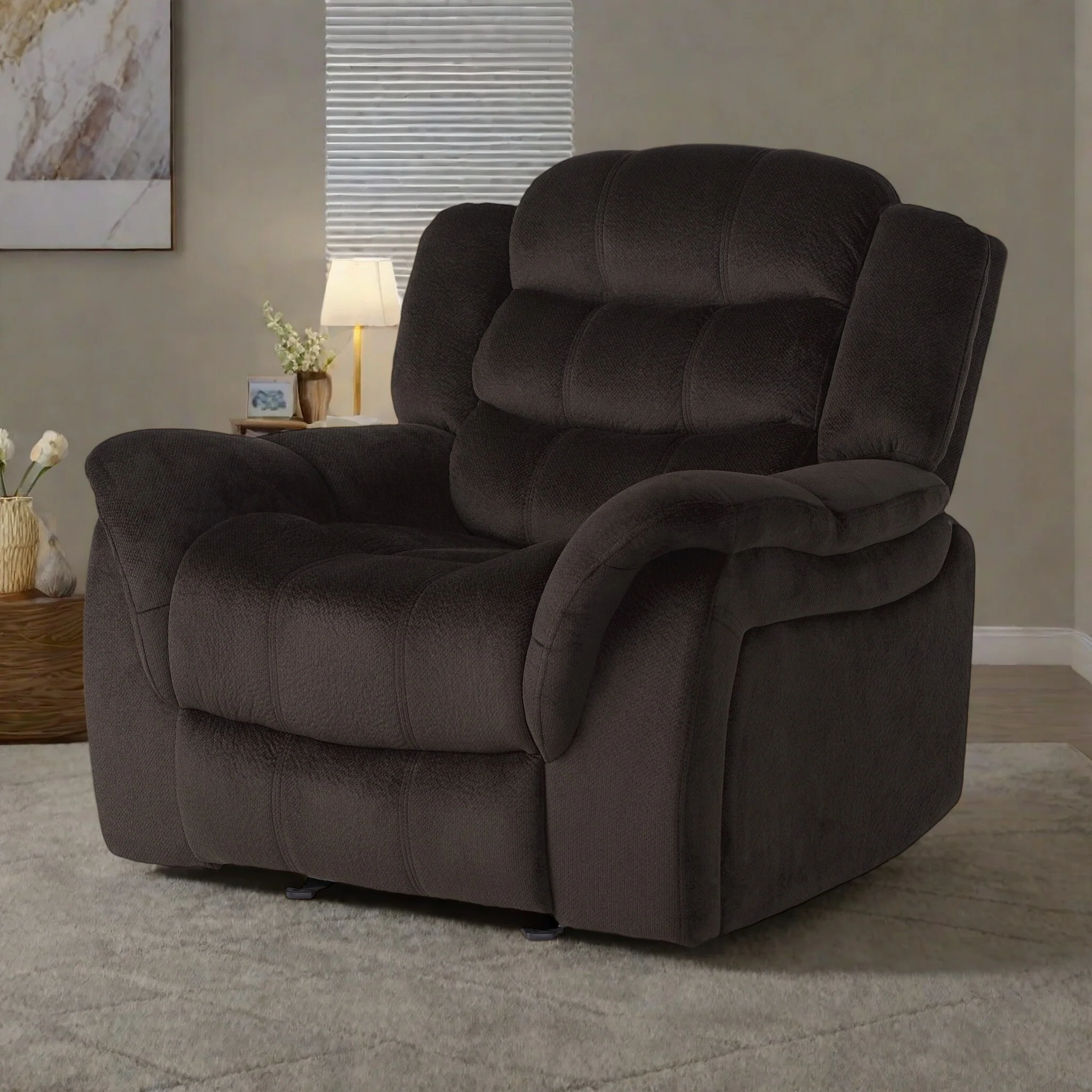 Oversized Brown Plush Fabric Glider Recliner Chair with Spacious Seat and Classic Design