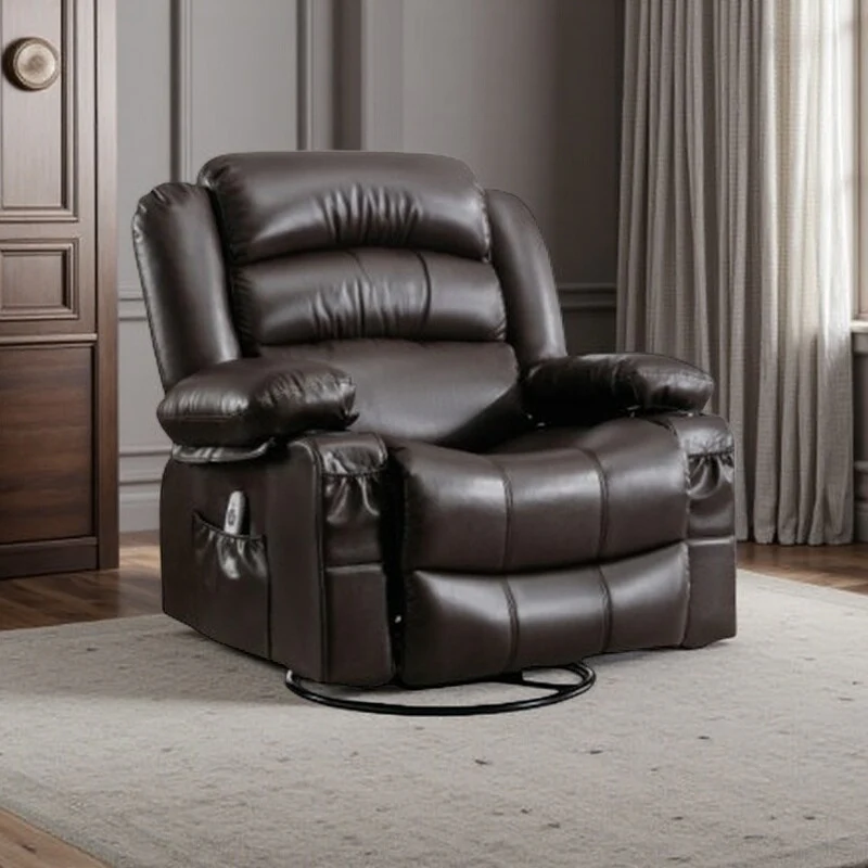 PU Leather Massage Rocker Recliner with 360�� Swivel, Heated 8-Point Vibration, USB Charging, Cup Holders, and Storage Pockets
