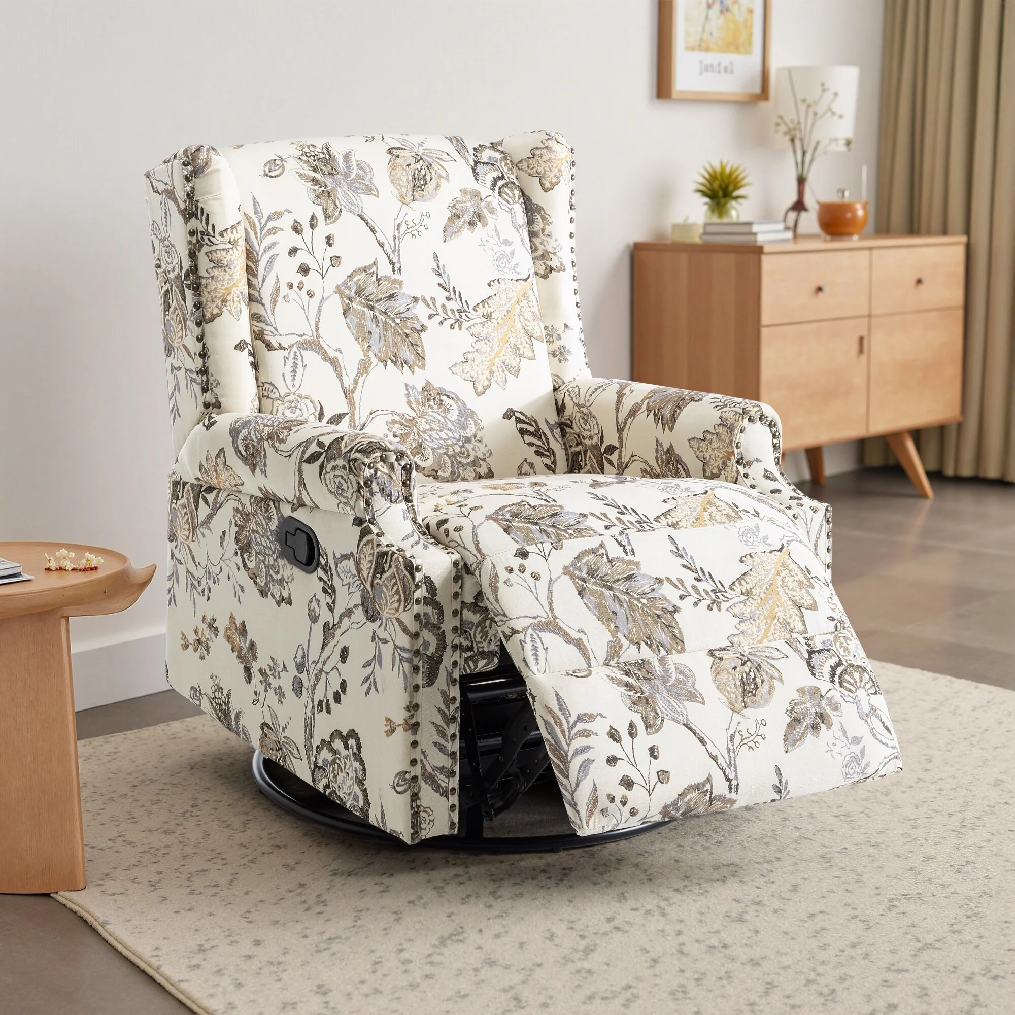 Linen Manual Swivel Base Recliner Chair with Footrest