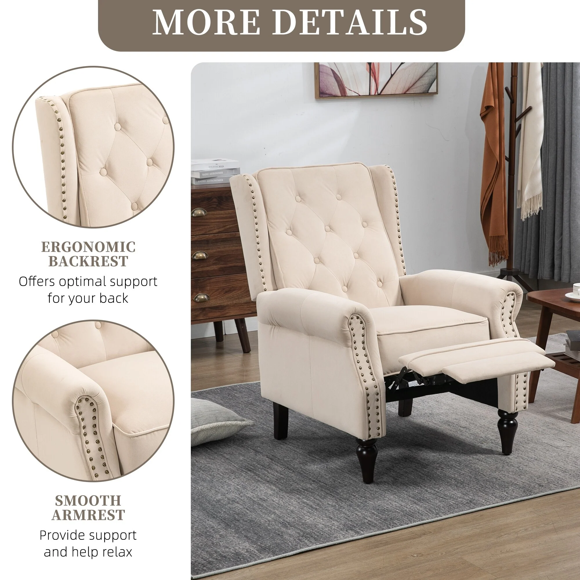 Velvet Upholstered Nailhead Tufted Recliner Chair with Black Legs