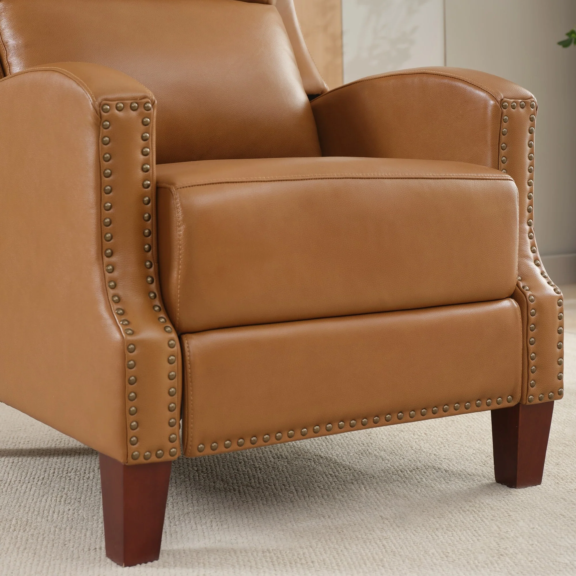 Genuine Leather Pushback Recliner with Multi-Angle Seat Back and Solid Wood Legs