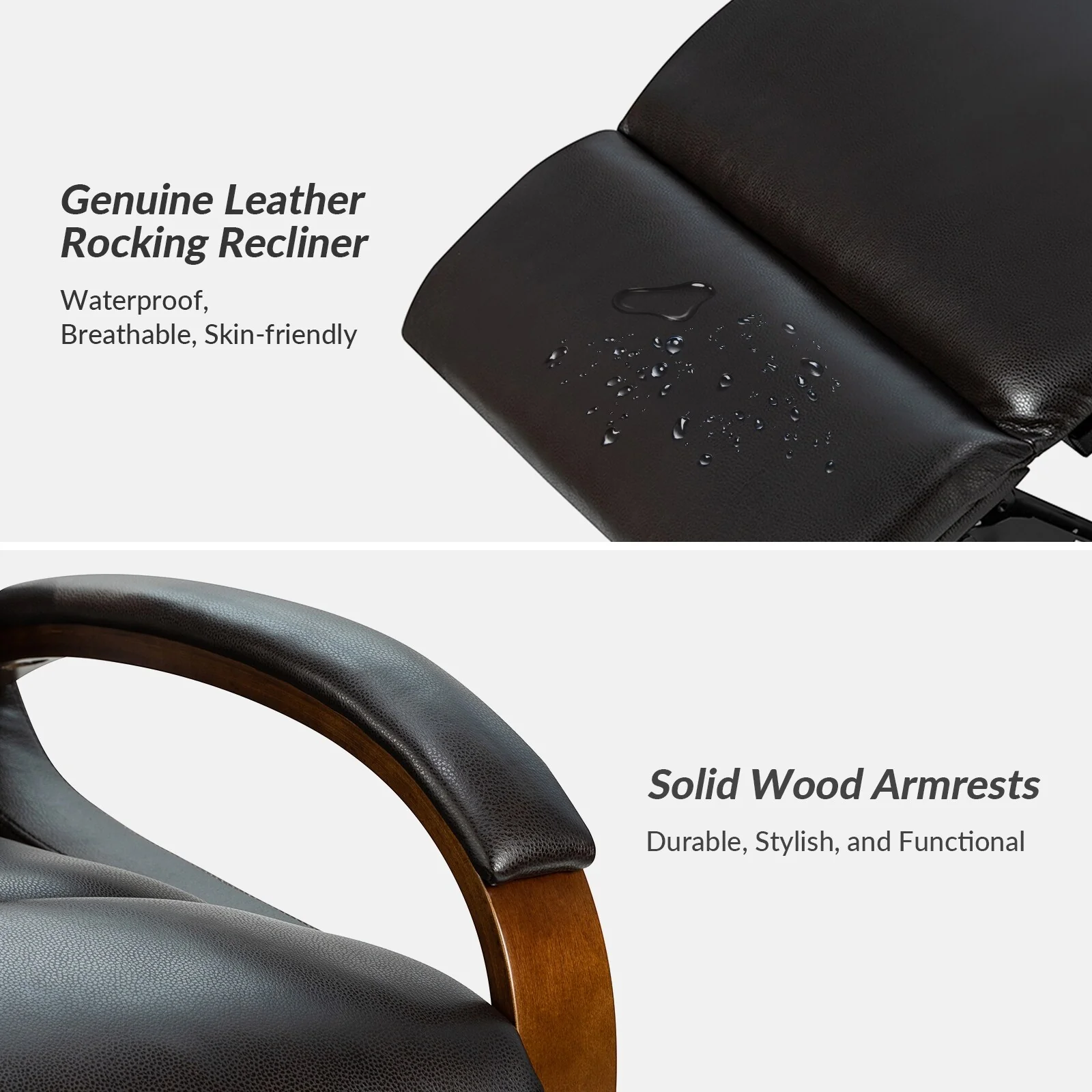 Leopold Genuine Leather Swivel Rocking Manual Recliner Chair with Wooden Arm Accents Set of 2 by HULALA HOME