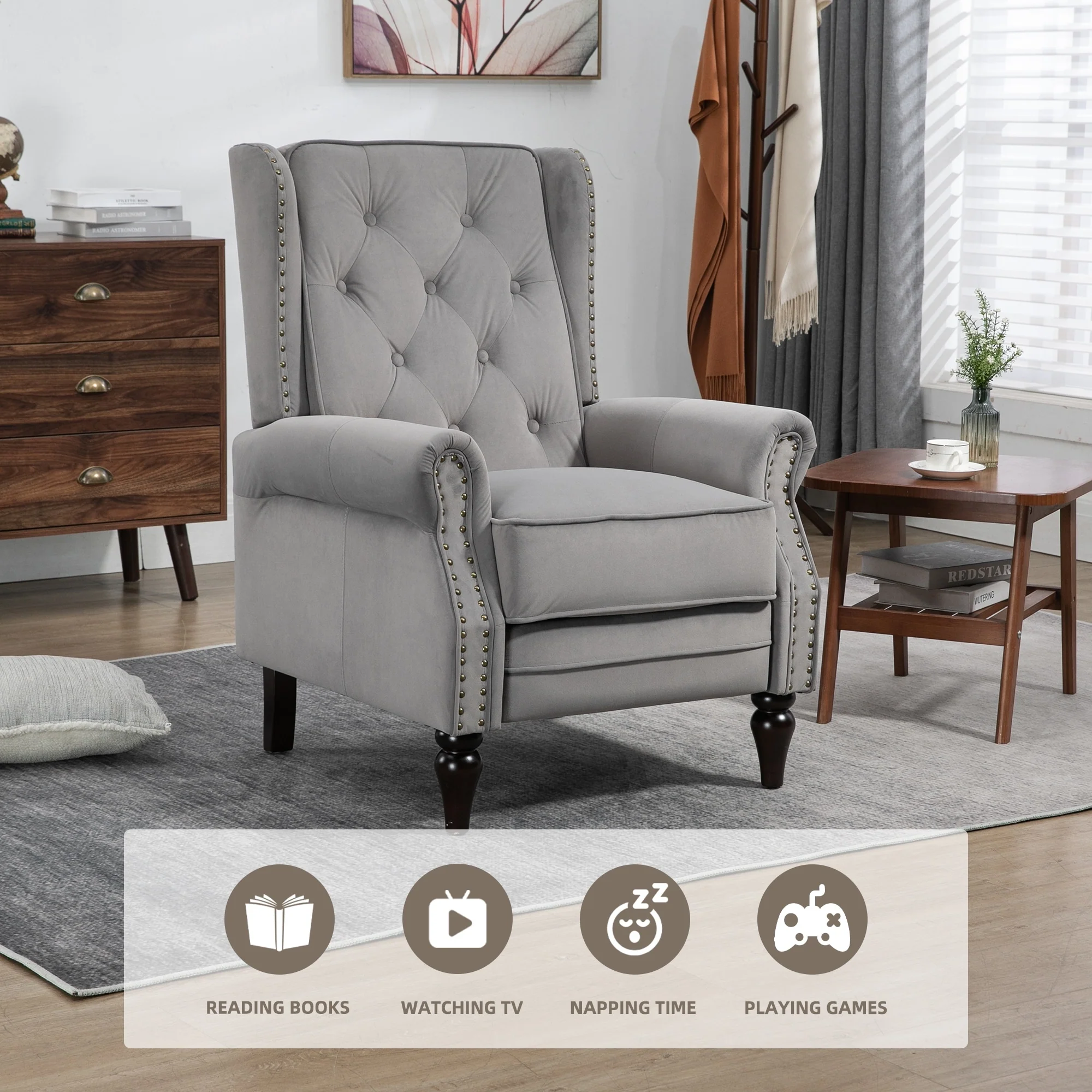 Velvet Upholstered Nailhead Tufted Recliner Chair with Black Legs