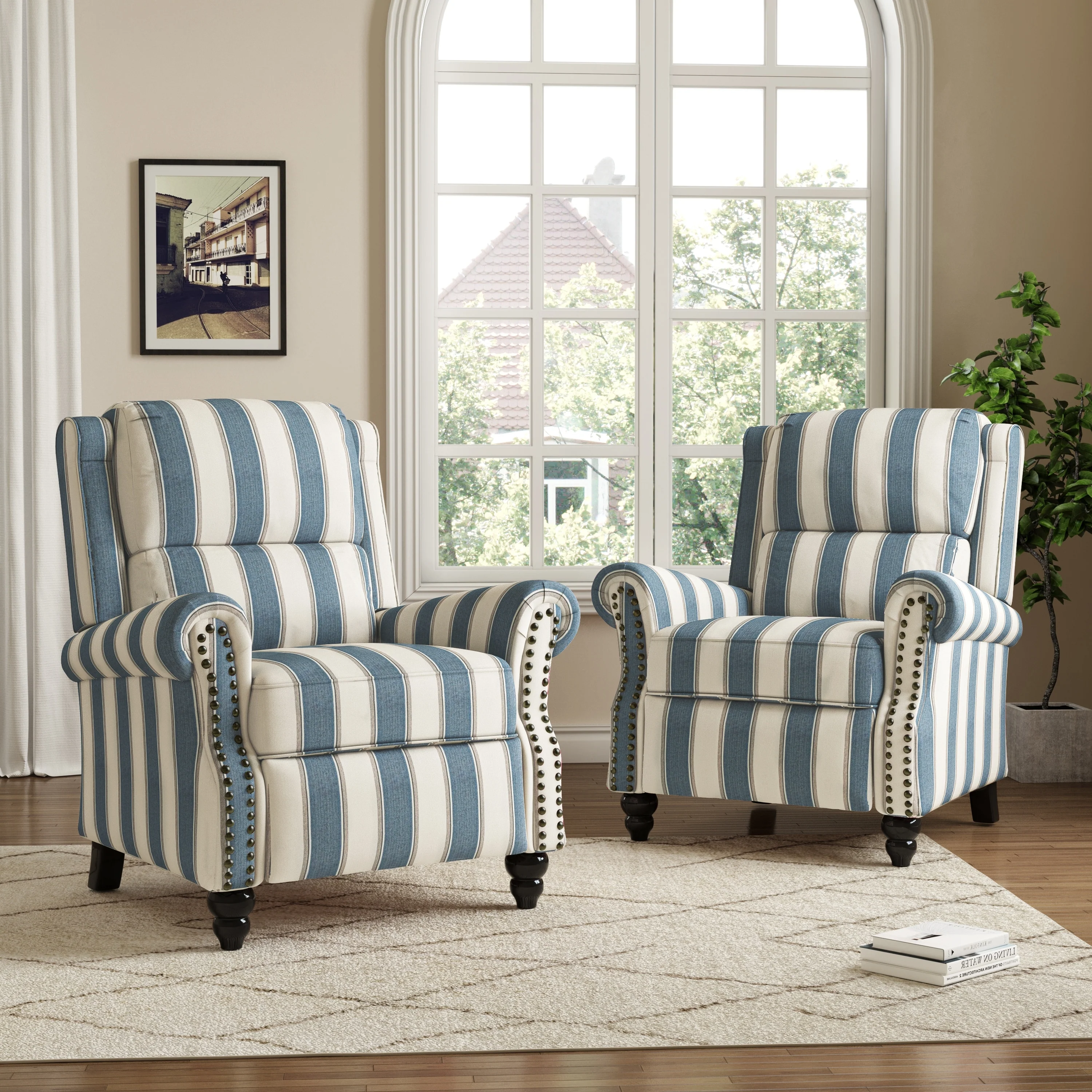 2 Set Manual Pushback Recliner Chair with Nailhead Trim