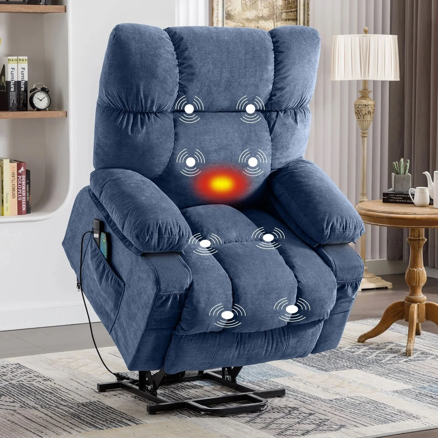 Blue Power Lift Recliner Chair with Heat, Massage, USB, and Remote Control