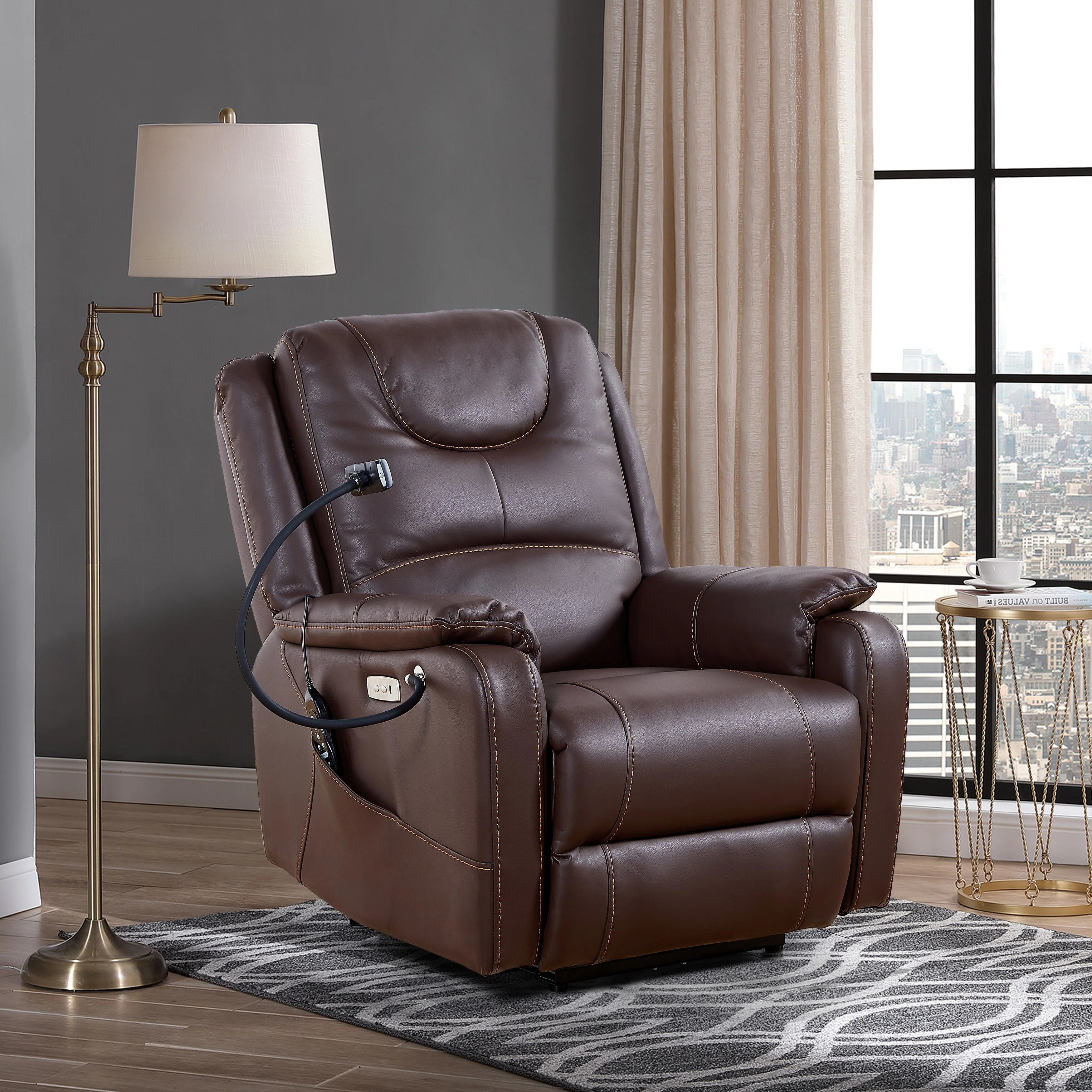 Black Power Recliner Chair, with Massage, Heating, USB Ports, Phone Holder, and Side Pockets, Adjustable Recline up to 139��
