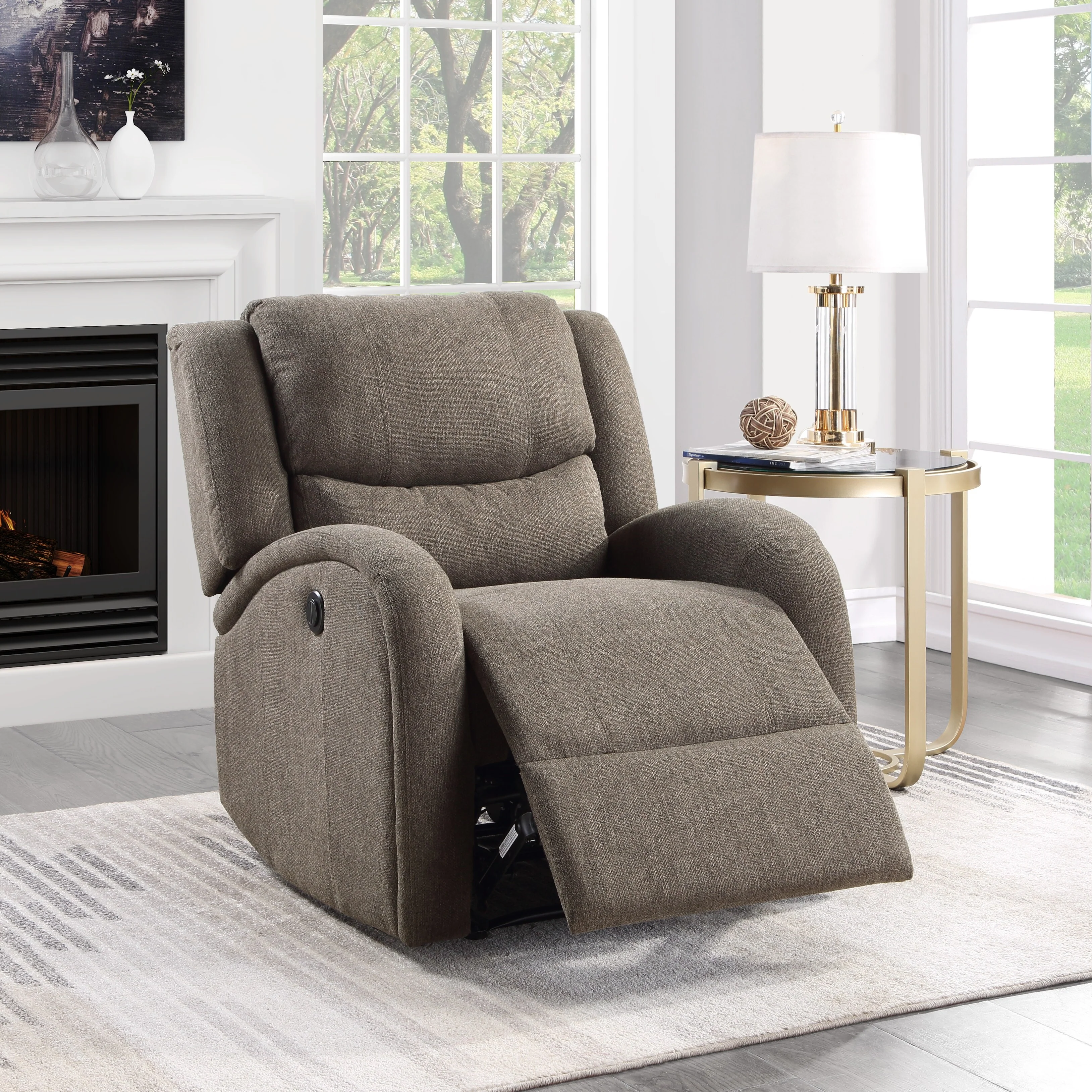 Modern Living Room Furniture 1pc Power Reclining Chair Brown Chenille Upholstery Plush Seating Solid Wood Frame