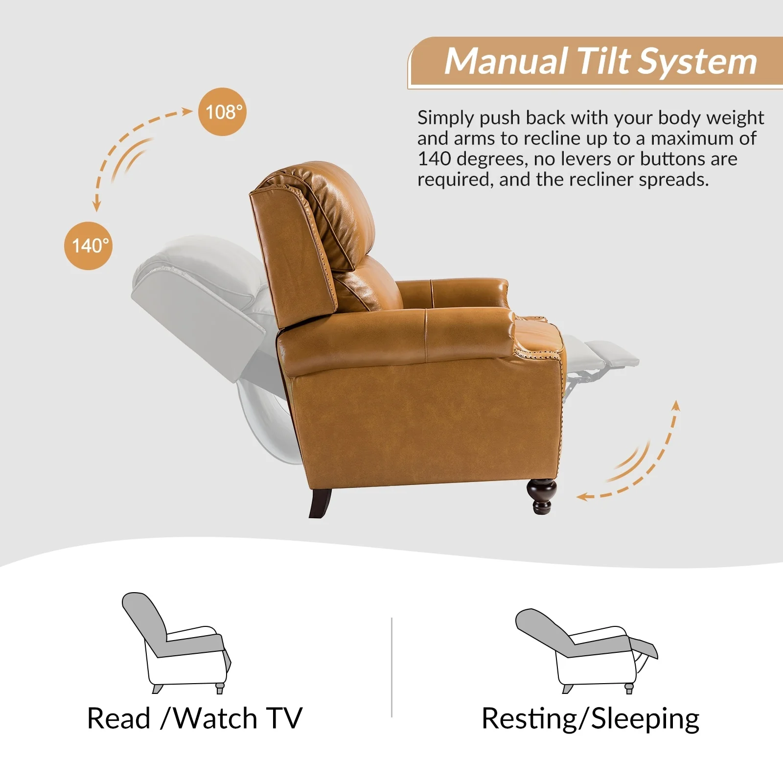 Gabriela Mid-Century Modern Genuine Leather Recliner with Tapered Block Feet by HULALA HOME