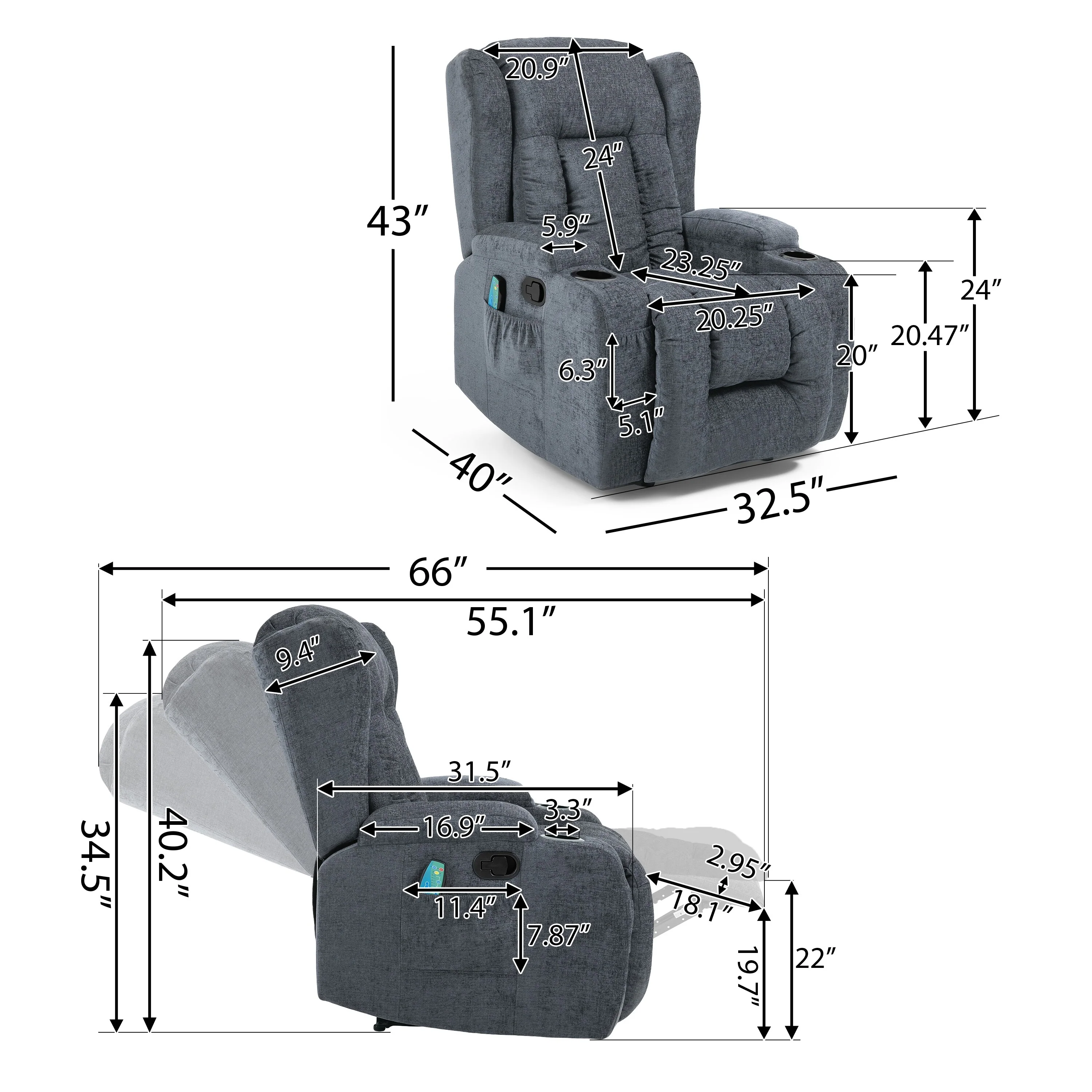 Brown Massage Recliner Chair with Heating, 5 Massage Modes, Cup Holders, Remote Control, and Manual Reclining Function