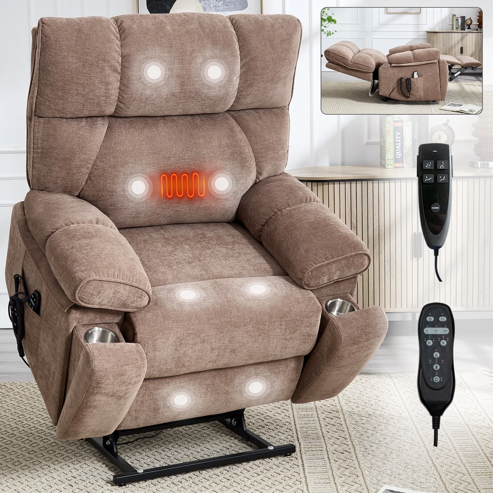 Heat Massage Dual Motor Infinite Position Large Electric Power Lift Recliners with Hidden Cup Holders,Power-Remote,Medium-firm
