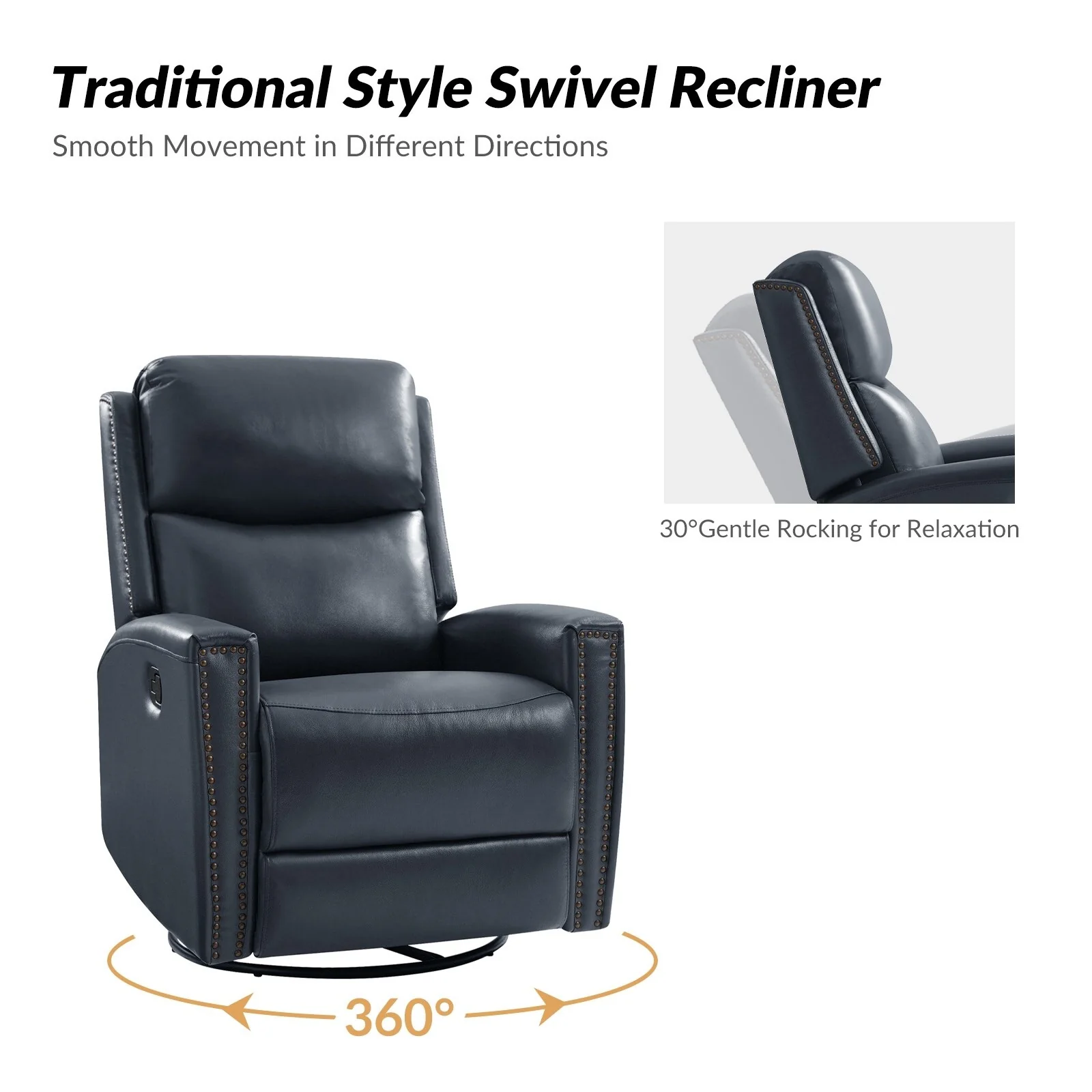 Fiacro 30.31Wide Modern Genuine Leather Wingback Swivel Rocker Recliner with Nailhead Trims