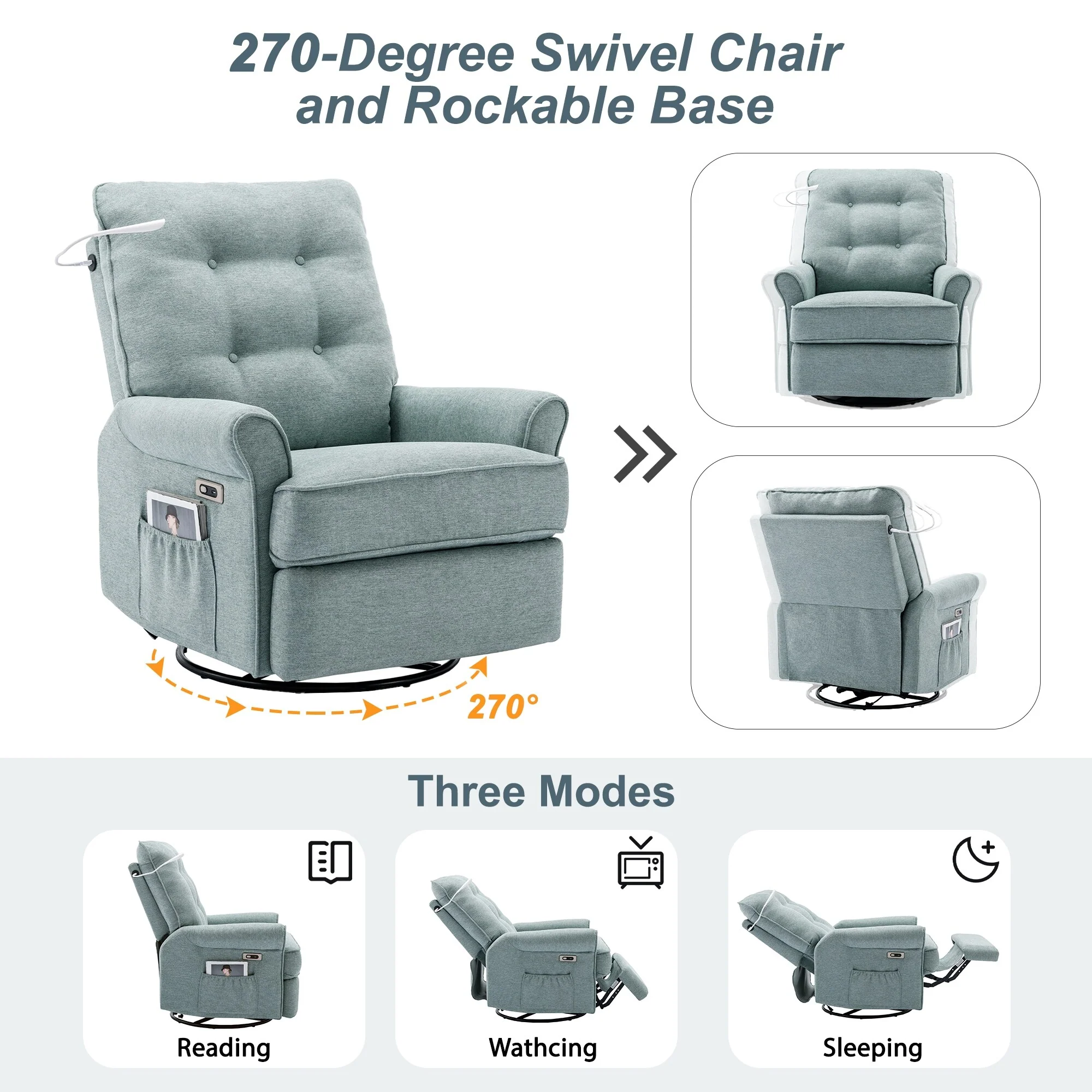 Beige 270�� Swivel Recliner with USB, Rocking Base, and Side Pocket