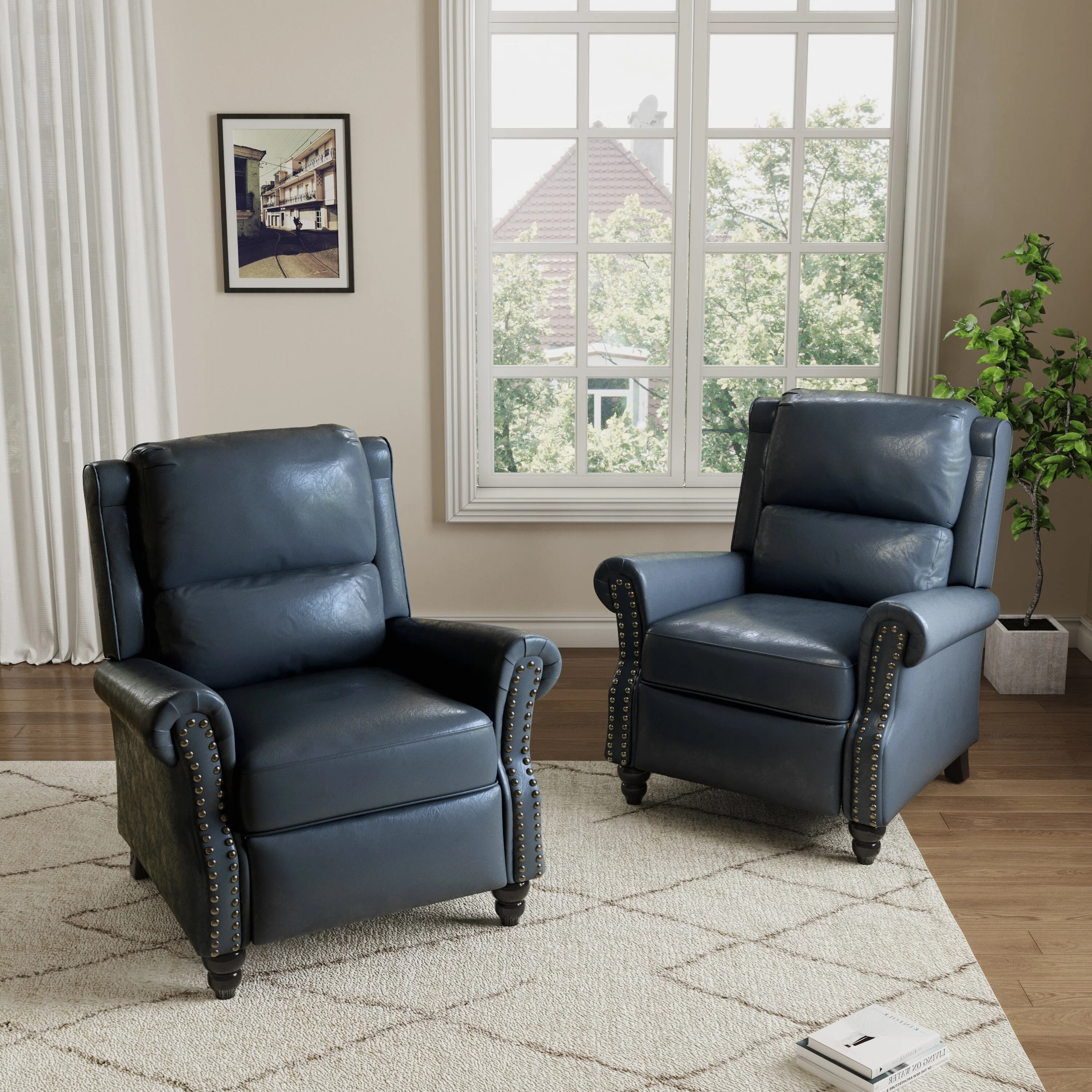 2 Set Manual Pushback Recliner Chair with Nailhead Trim