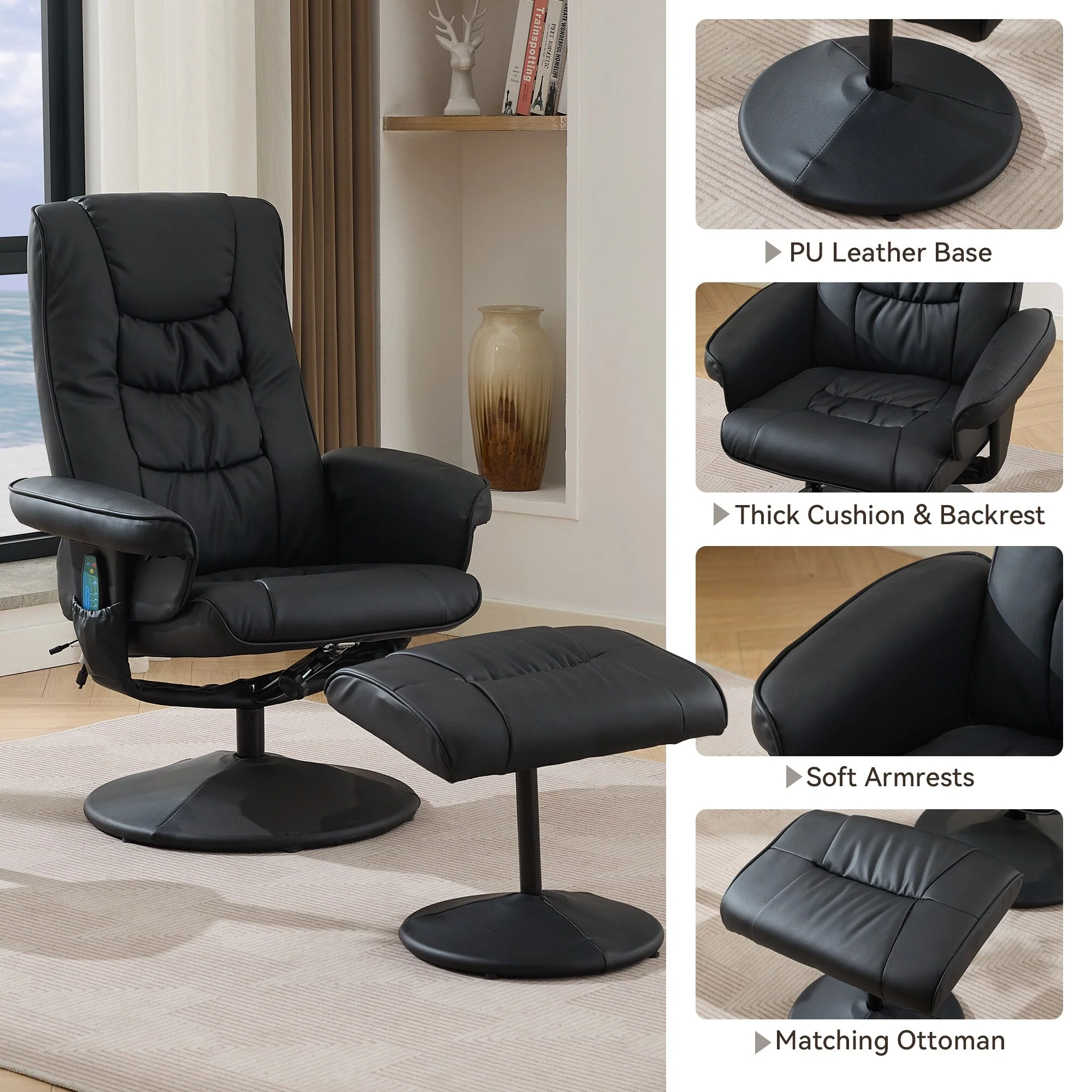 Recliner Chair with Ottoman - 360�� Swivel Massage Lounge Chair with 5-Point Vibration  Heated Seat, 140�� Adjustable