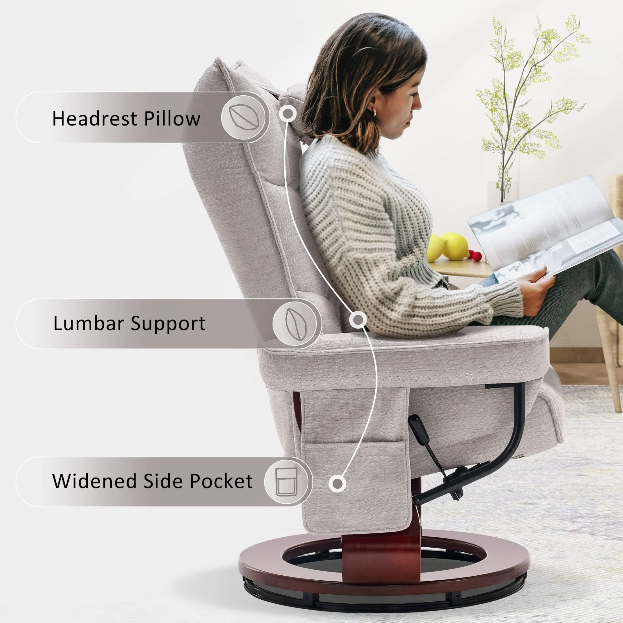 MCombo Swivel Recliner with Ottoman and Neck Pillow, Chenille Fabric