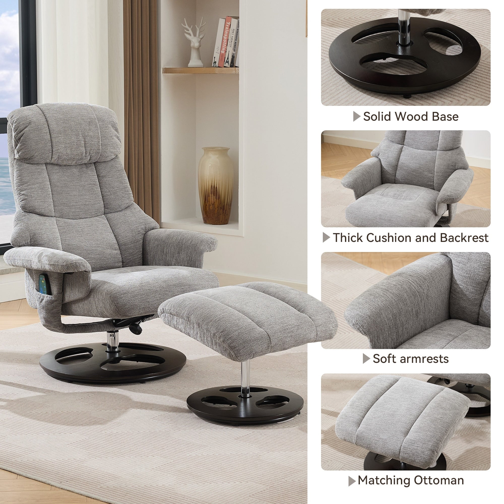 360�� Swivel Ergonomic Recliner Chair with Ottoman, Adjustable Backrest, 5 Vibration Massage, Seat Heating, Chenille Fabric