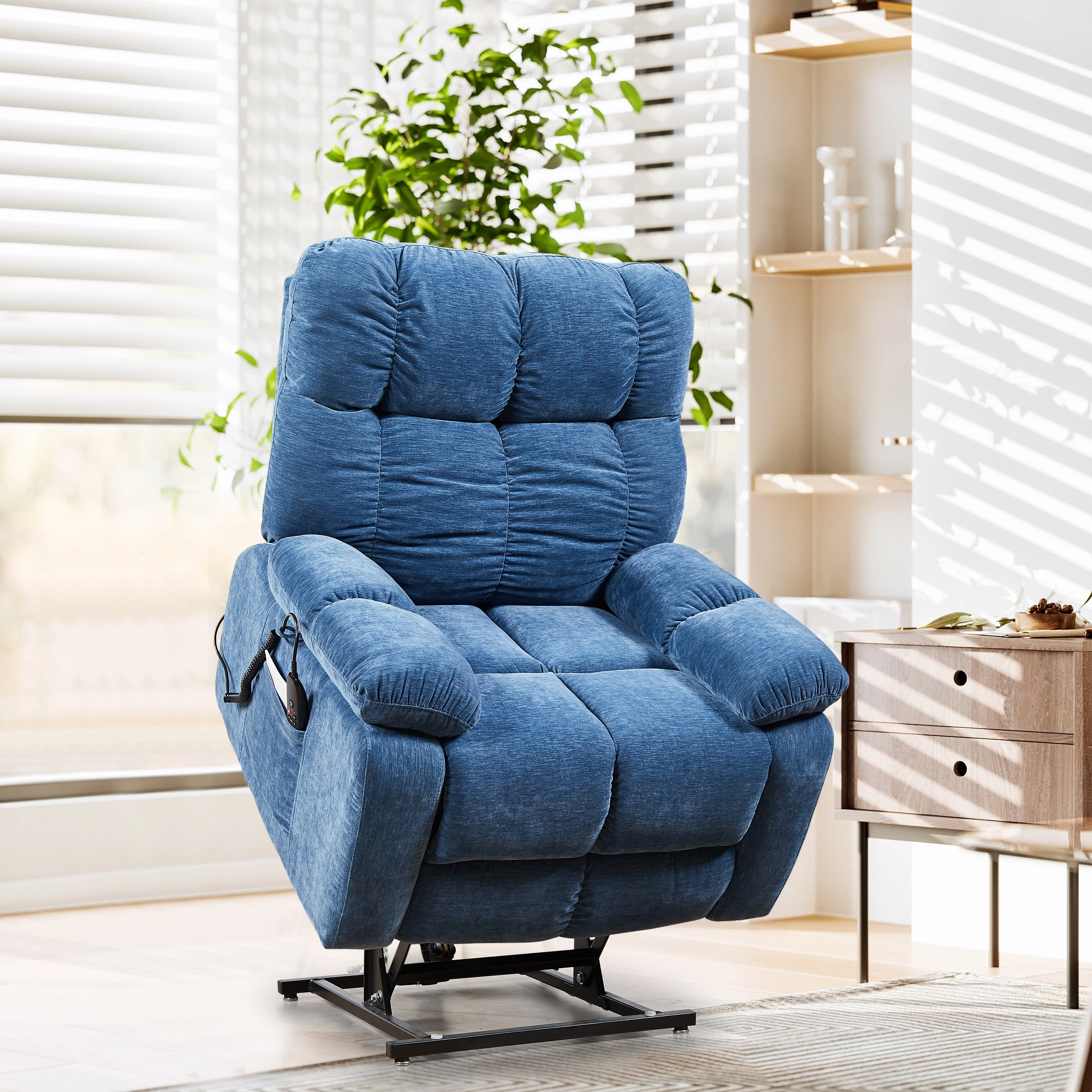 Blue EPower Lift Recliner Chair with Dual OKIN Motors, Infinite Recline, Airbag Massage, Heating, USB Ports, 2 Side Pockets