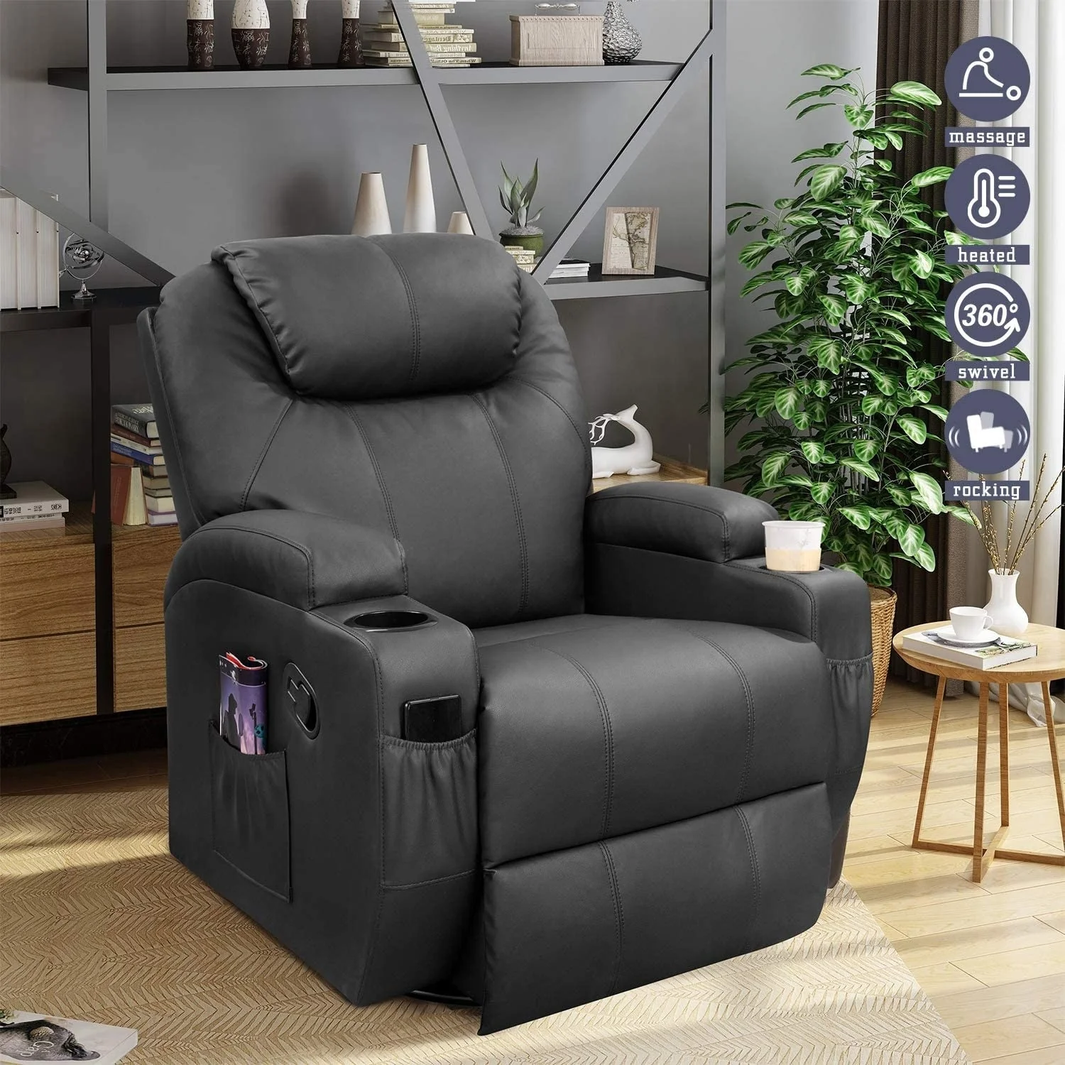 Furniwell Rotary Massage Heated Function Recliner PU Leather Whirl