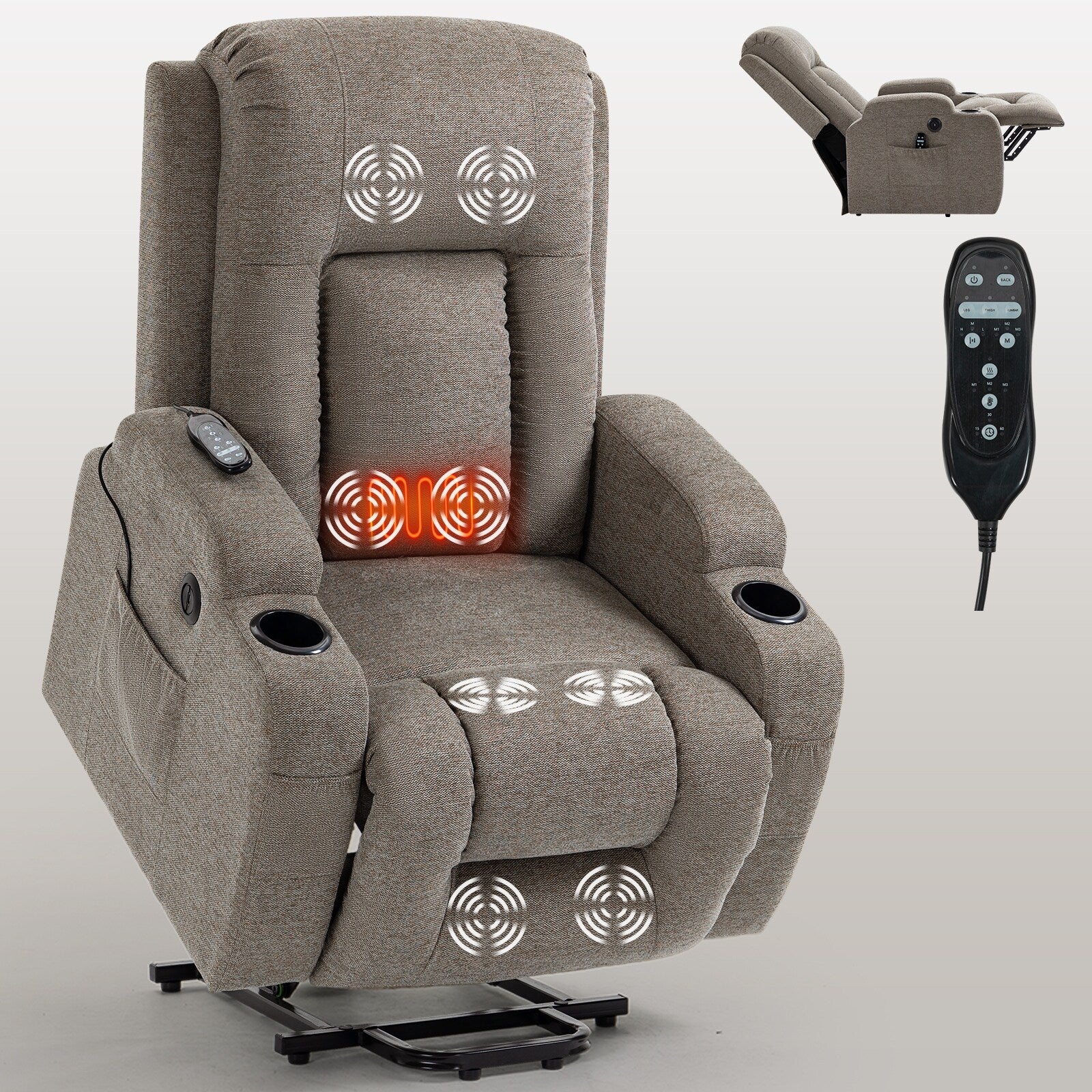 Power Lift Recliner Chair with Massage, Lumbar Heat, USB & Cup Holders