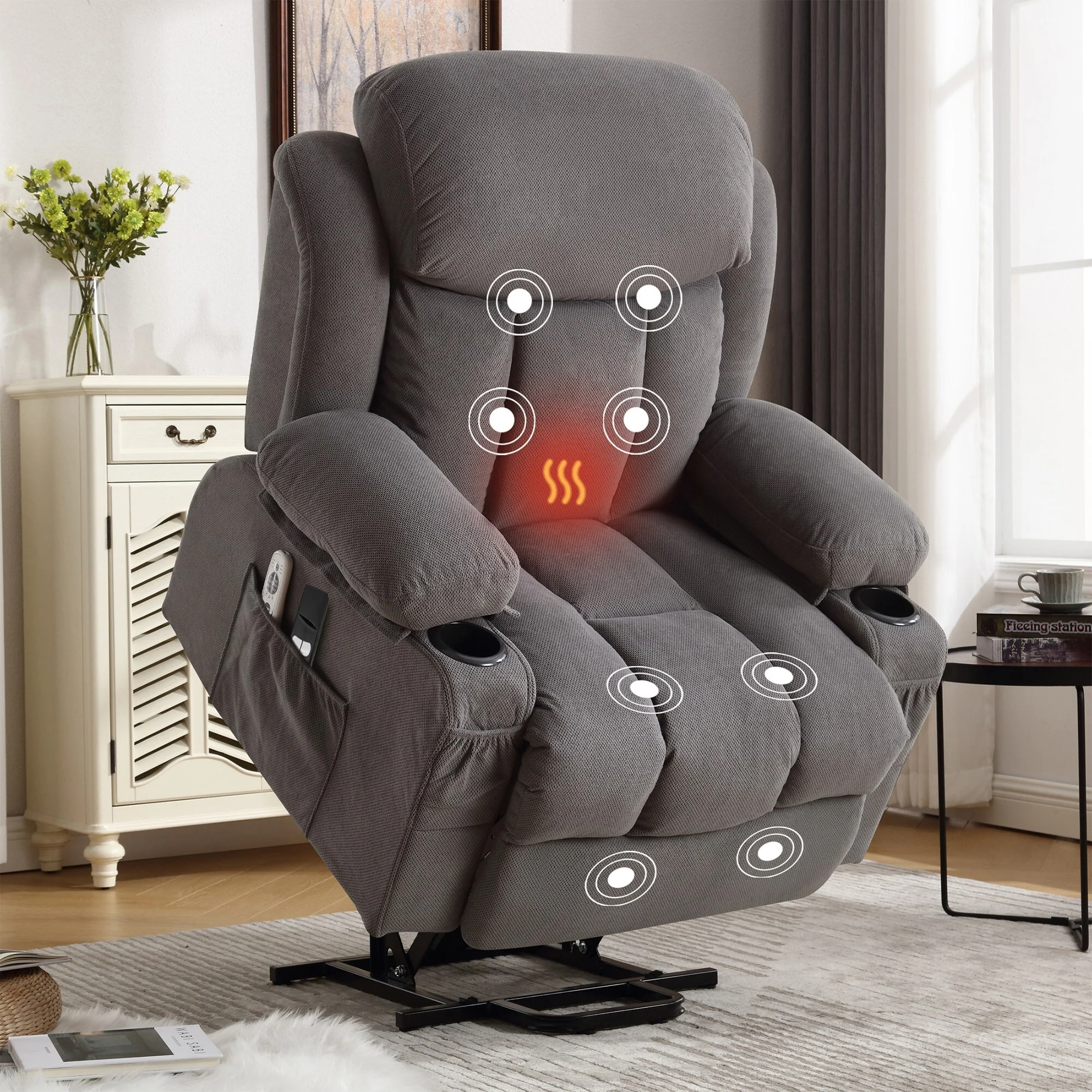 Recliner Chair with Heat and Massage Electric Fabric Recliner Chair with Side Pocket, USB Charge Port, Remote Control