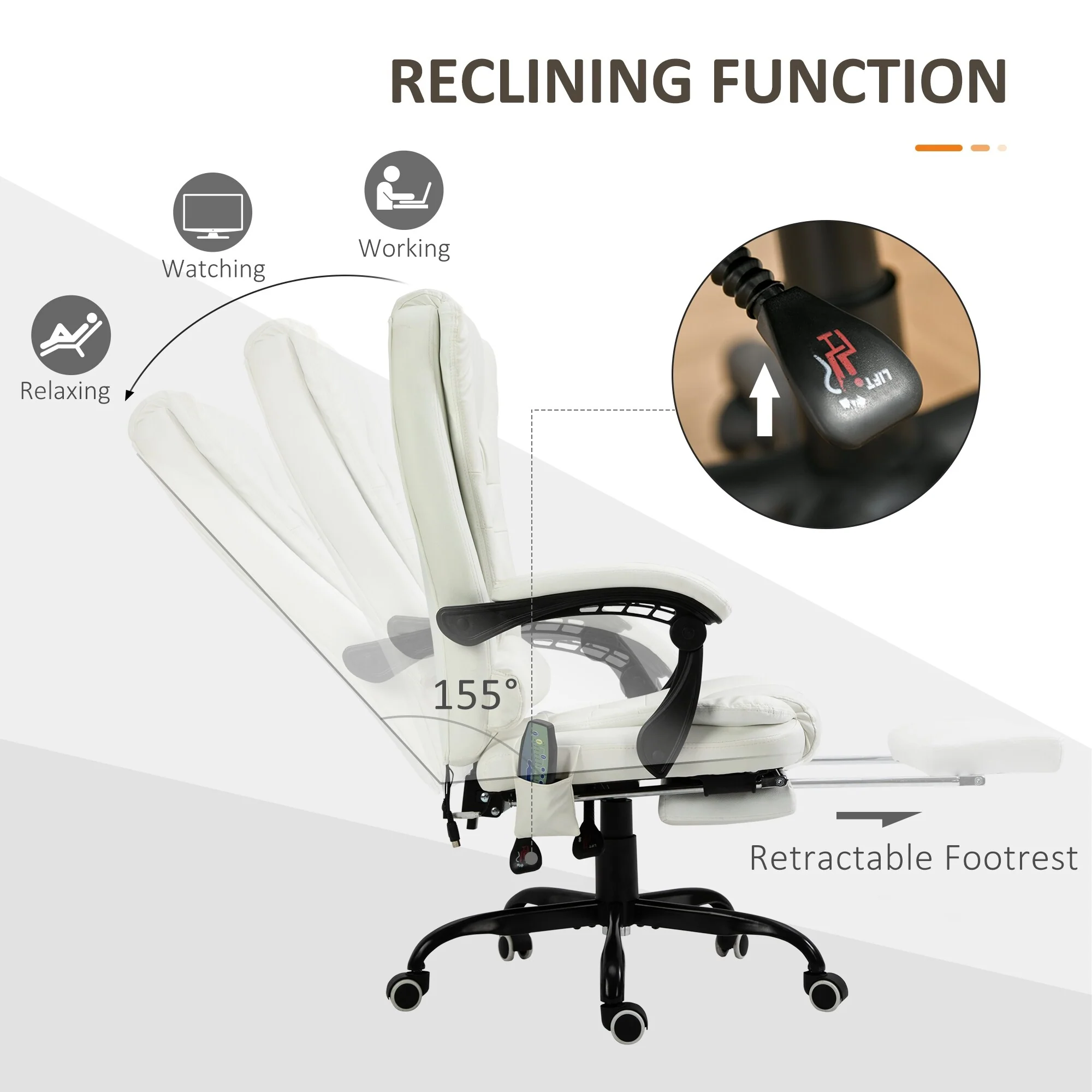 Ergonomic PU Leather Office Chair with 7-Point Massage, Reclining Backrest, Lumbar Cushion & Retractable Footrest