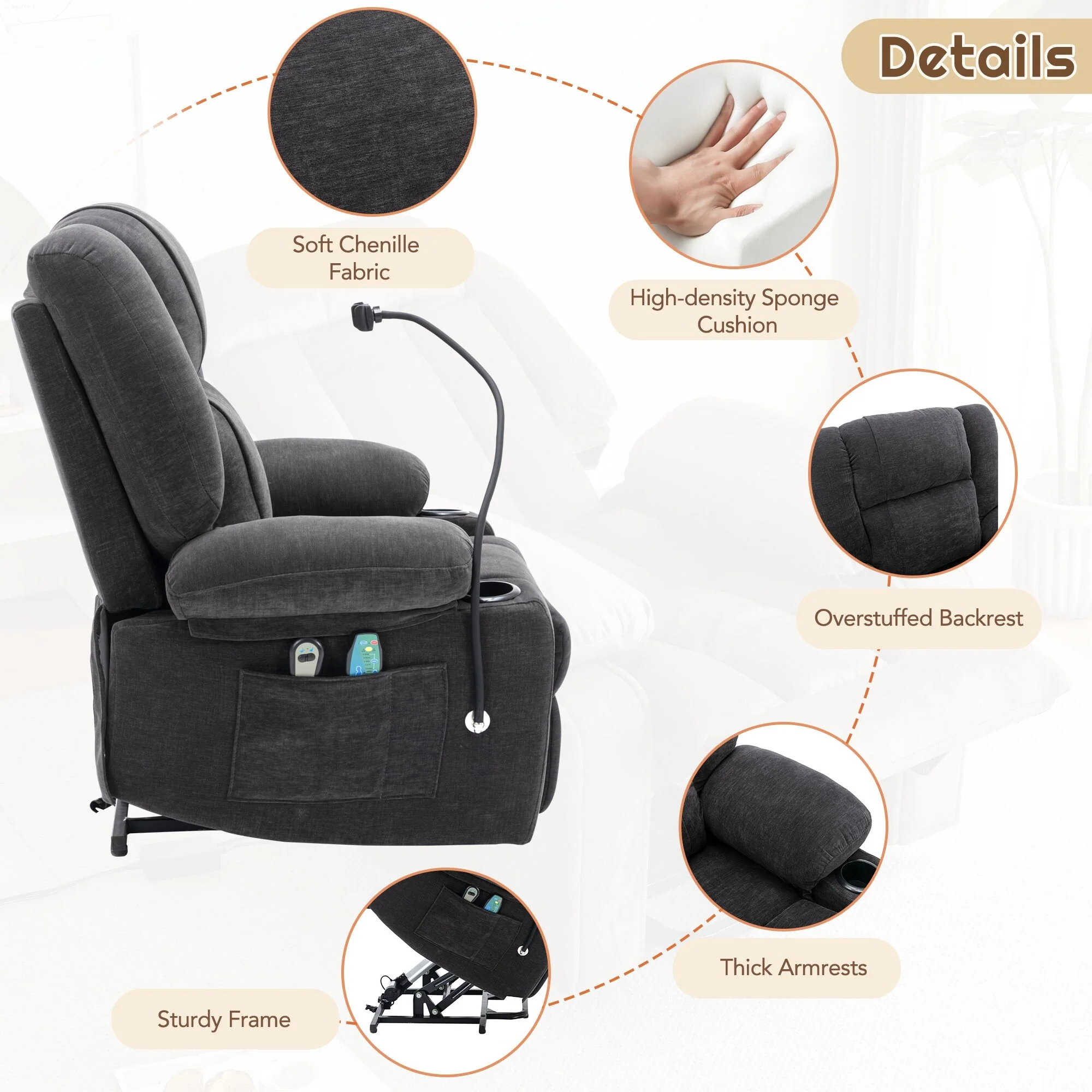 Grey Electric Lift Recliner featuring Massage, Heating, Cup Holders & 360�� Swivel Phone Stand with Adjustable Recline