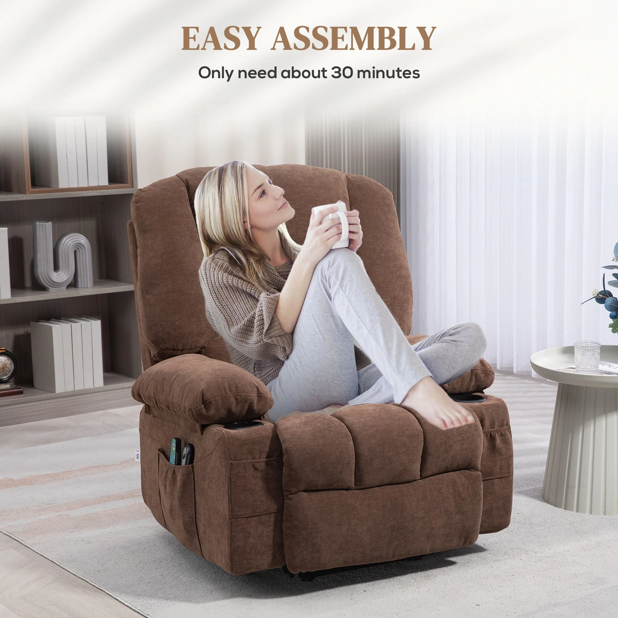 Brown Power Lift Recliner Chair with Vibration Massage, Heating, Remote Control, Quick Assembly, and Side Pockets
