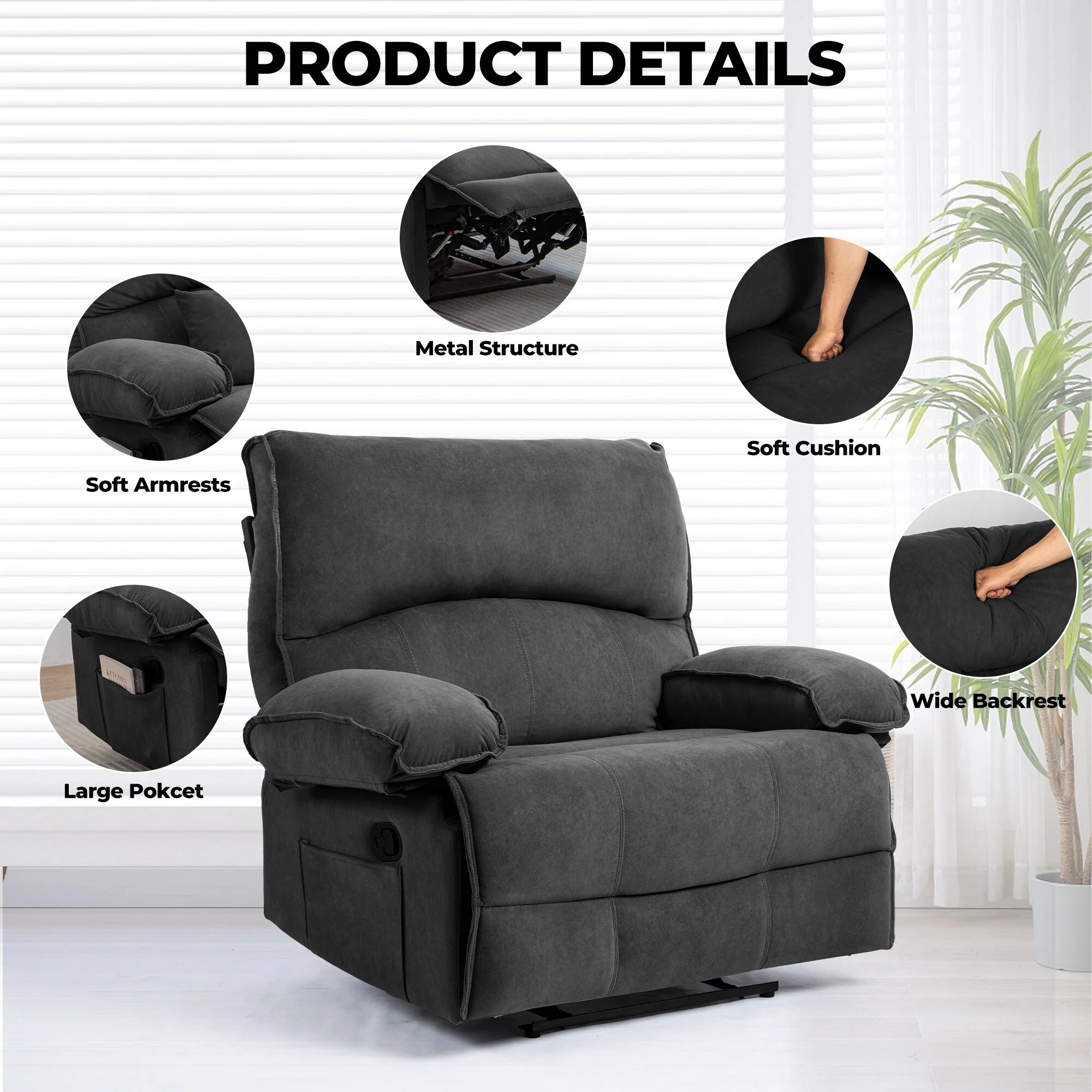 Grey Push-Back Recliner Sofa with Soft Fleece Upholstery and Heated Pillow