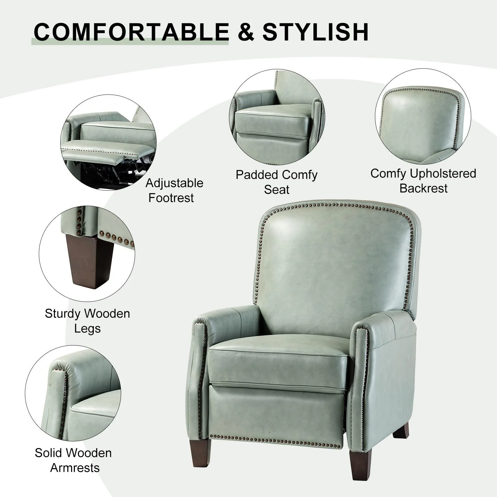 Gladis Modern Retro Genuine Leather Recliner with Nailhead Trim by HULALA HOME