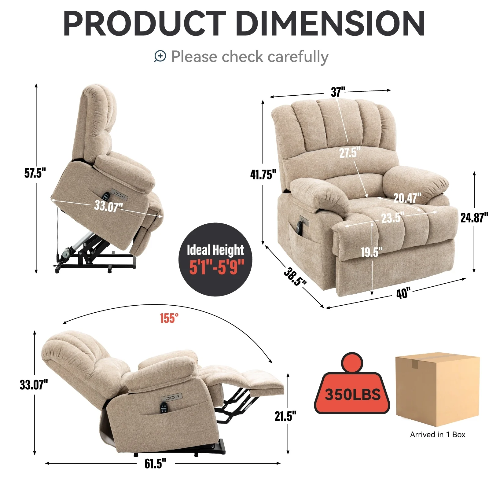 Oversized Power Lift Recliner Chair with Massage, Heat, 8-Point Vibration, Lumbar Heating, USB Port, Dual Side Pockets